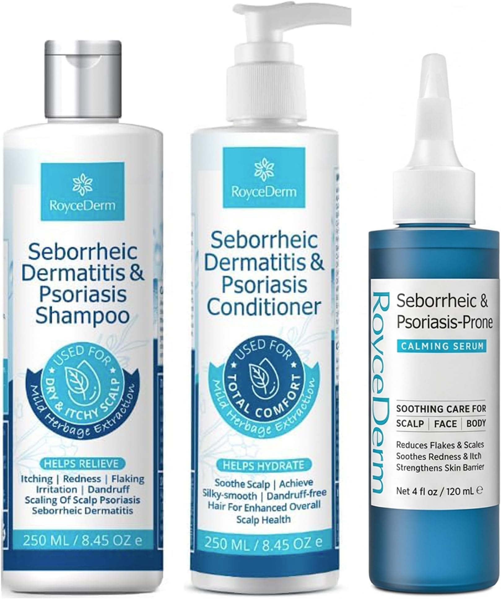 3-Step Routine Bundle for Seborrheic Dermatitis & Psoriasis Scalp Care - Shampoo + Conditioner + Calming Serum
