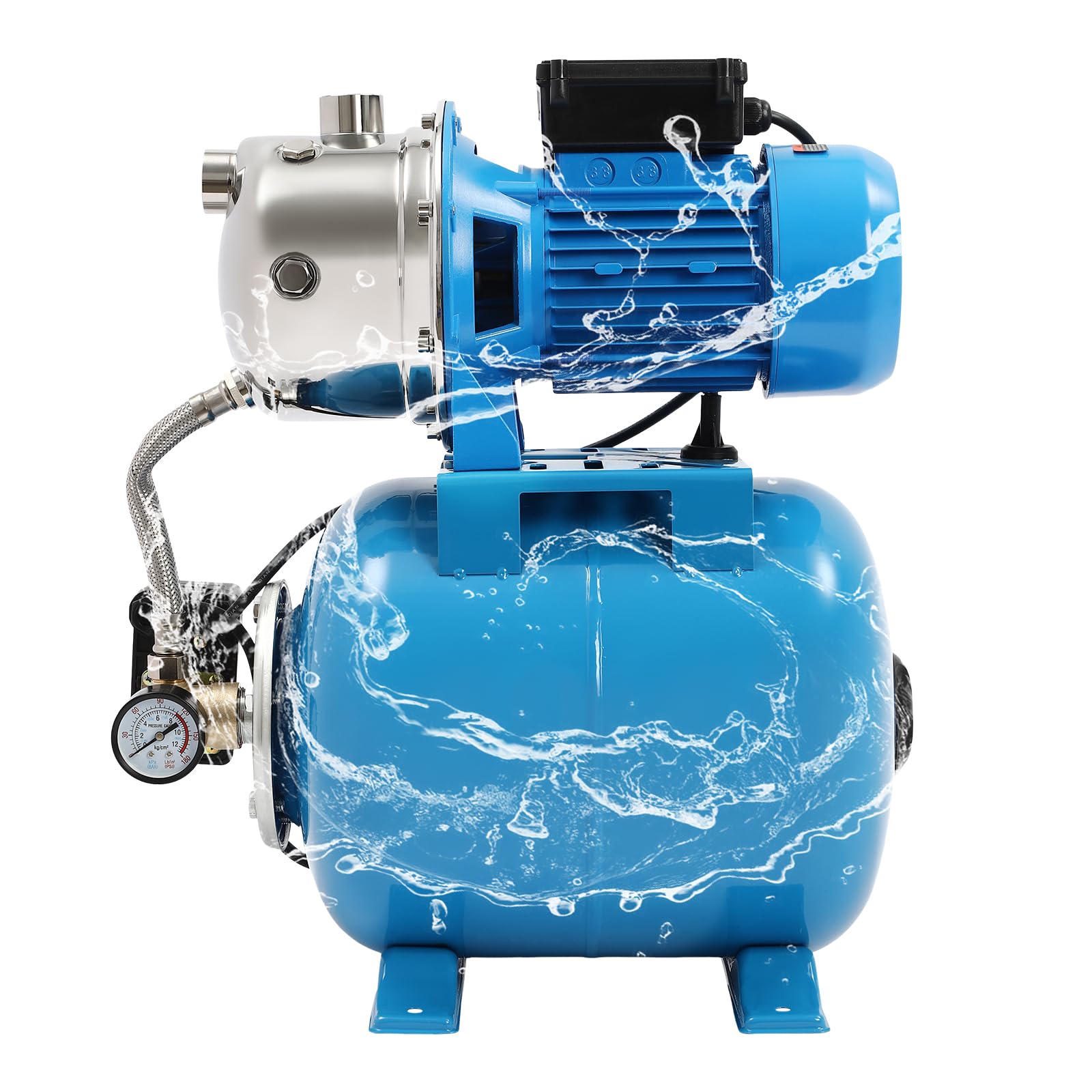 1HP Shallow Well Pump with Pressure Tank, Automatic Water Booster System Irrigation Jet Pump for Home, Garden, Lawn, Maximum Head 147.64FT, 110V (Blue)