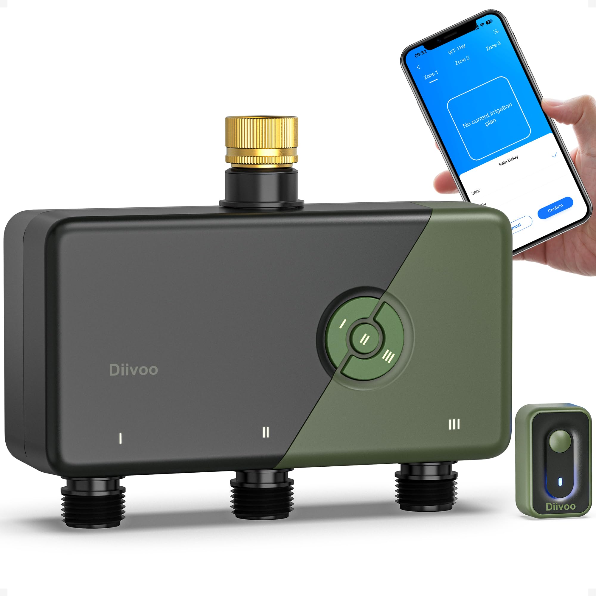 Diivoo Programador Riego WiFi 3 Zonas con Entrada de Latón, Temporizador Riego WiFi Compatible con Alexa/Google Assistant, 18 Programas de Riego, Retardo por Lluvia & Modo Niebla para Jardín y Césped