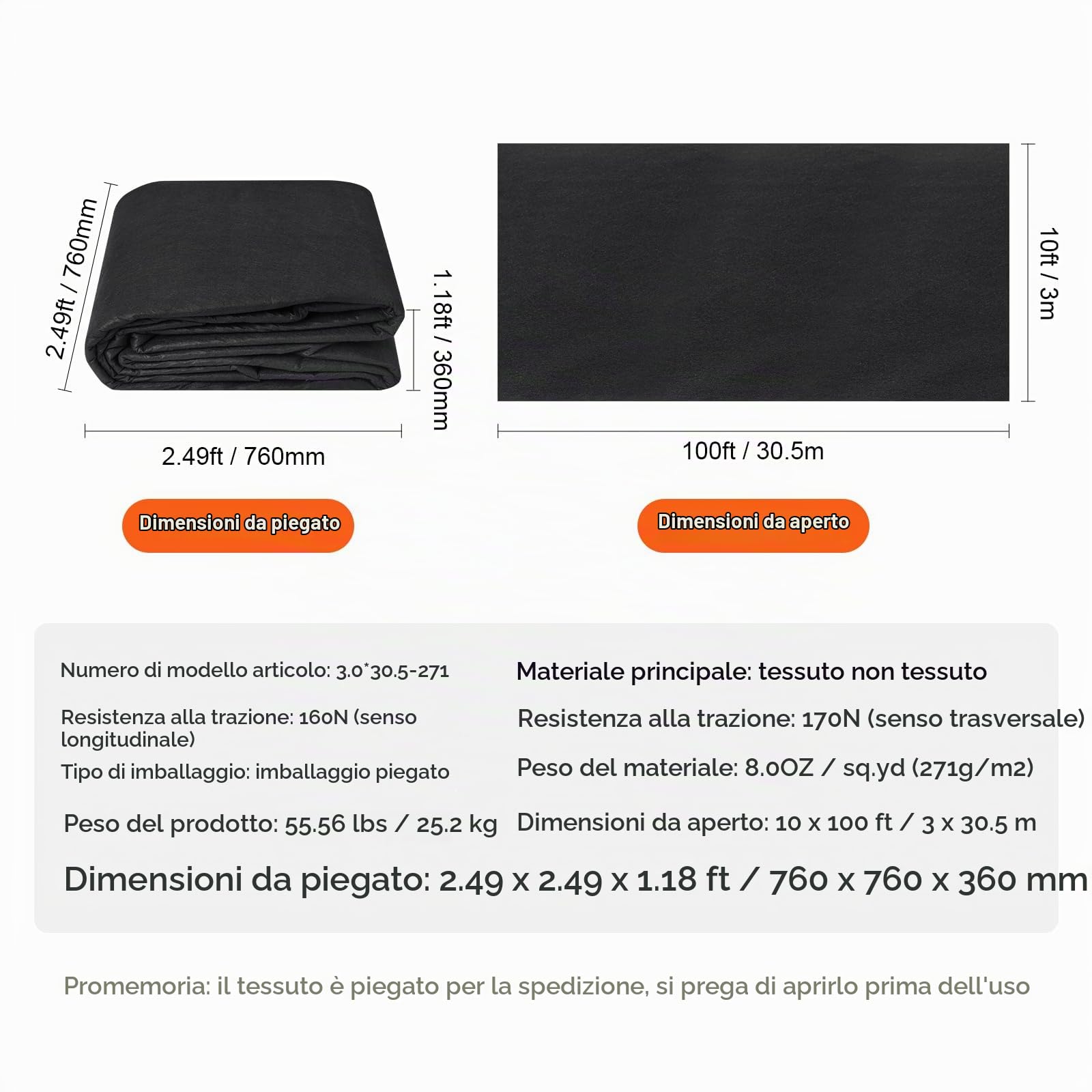 VEVOR Telo Geotessile Non Tessuto 3 x 30,5 m, Tessuto Pacciamante 271 g/m², Telo Pacciamatura Anti Erbacce per Sistemi di Drenaggio, Paesaggistica, Copertura Non Tessuto Geotessile del Terreno, Nero