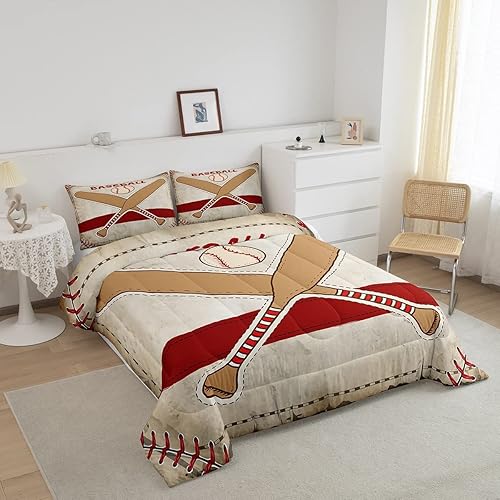 Miniatura 2 de Erosebridal Juego de edredón de béisbol para niños y niñas, juego de ropa de cama vintage de juego de pelota, tamaño individual, relleno de edredón