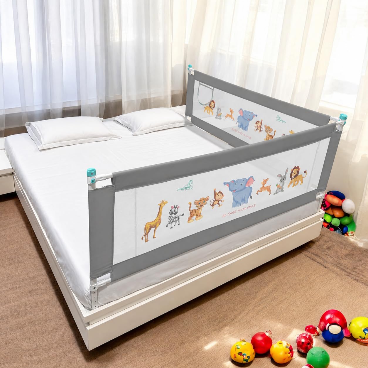 Baby Bed Rail Guard for Kids | Foldable Safety (6ft x 2ft) Bed Fence with Animal Print | Tear-Free Mesh | Suitable for All Bed Sizes (2, Grey)-image-1