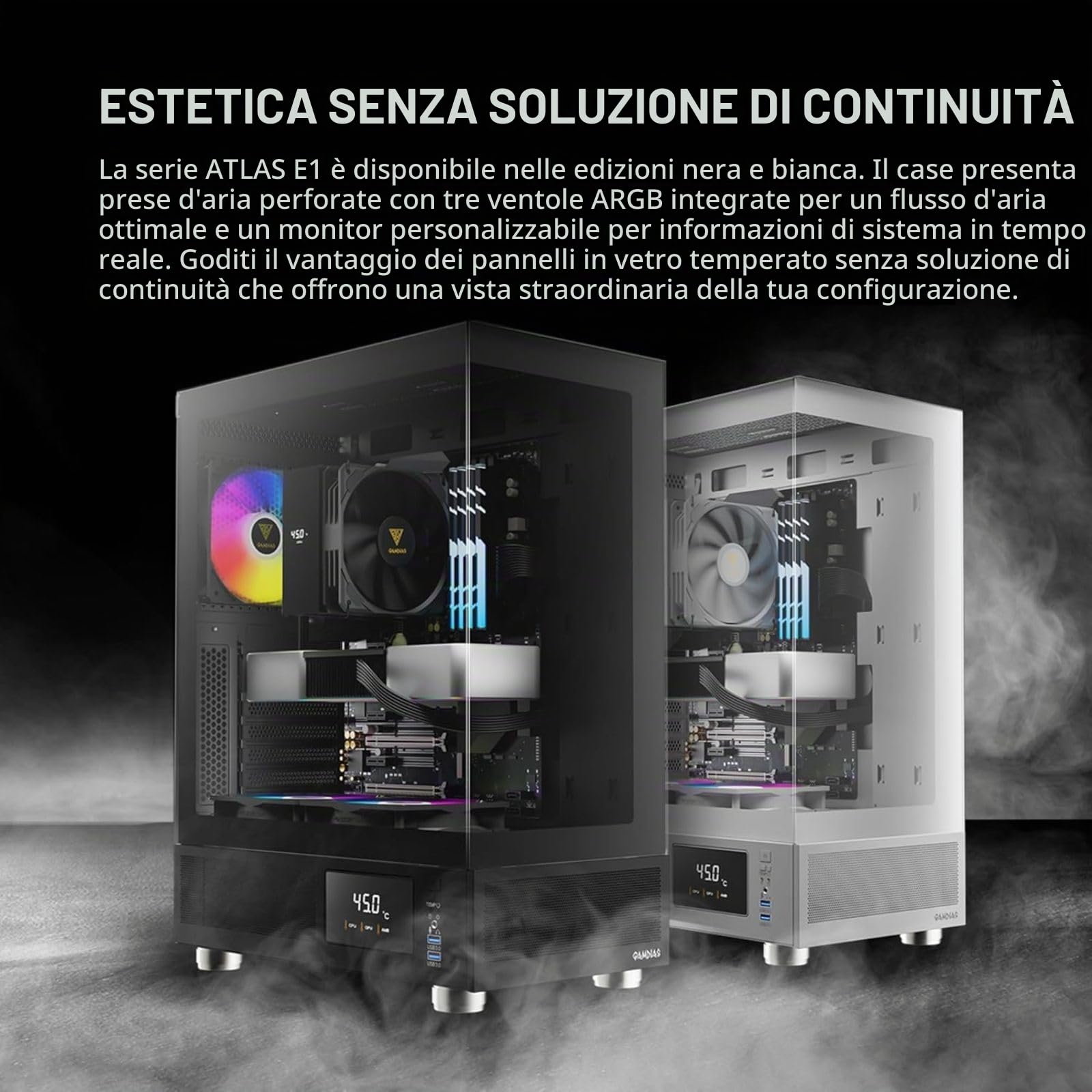 GAMDIAS ATLAS E1 ATX Mid Tower PC Case, monitor in tempo reale, 3 ventole ARGB da 120 mm, vetro temperato senza cuciture, prese d'aria laterali ad alto flusso d'aria, nero