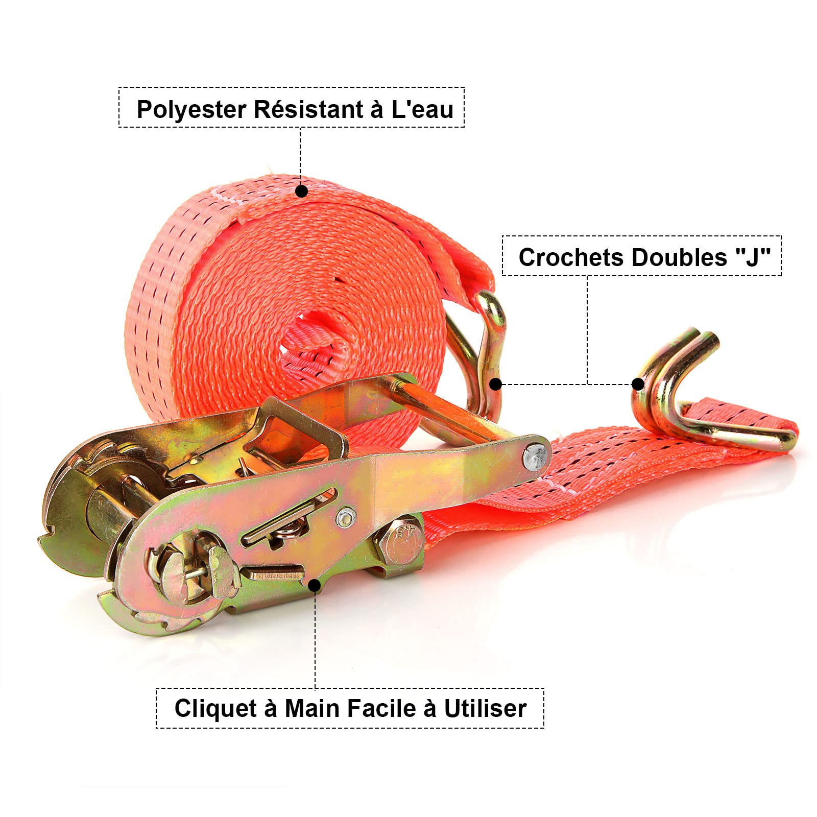 4 Pcs Sangles à Cliquet, Sangle d'arrimage à Cliquet avec Crochet Tendeur pour Moto, Voiture, Remorque, Capacité de 3000 kg, 6M x 38MM - Orangé | Sangle a Cliquet avec Crochet pour Moto, Voiture, Remorque, Capacité de 1000 kg - Orangé