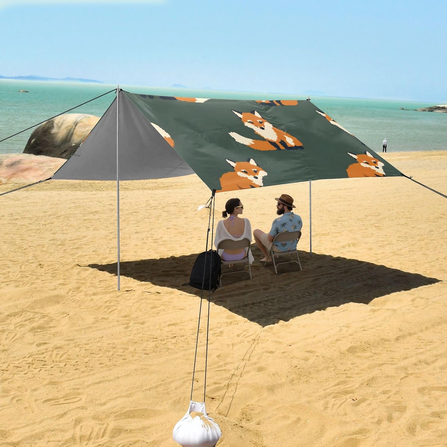 Fox Pixel Style Hand Drawn Camping Sun Shelter, Beach Tent Portable Beach Sun Shade Outdoor Canopy for Camping Trips Fishing Picnic