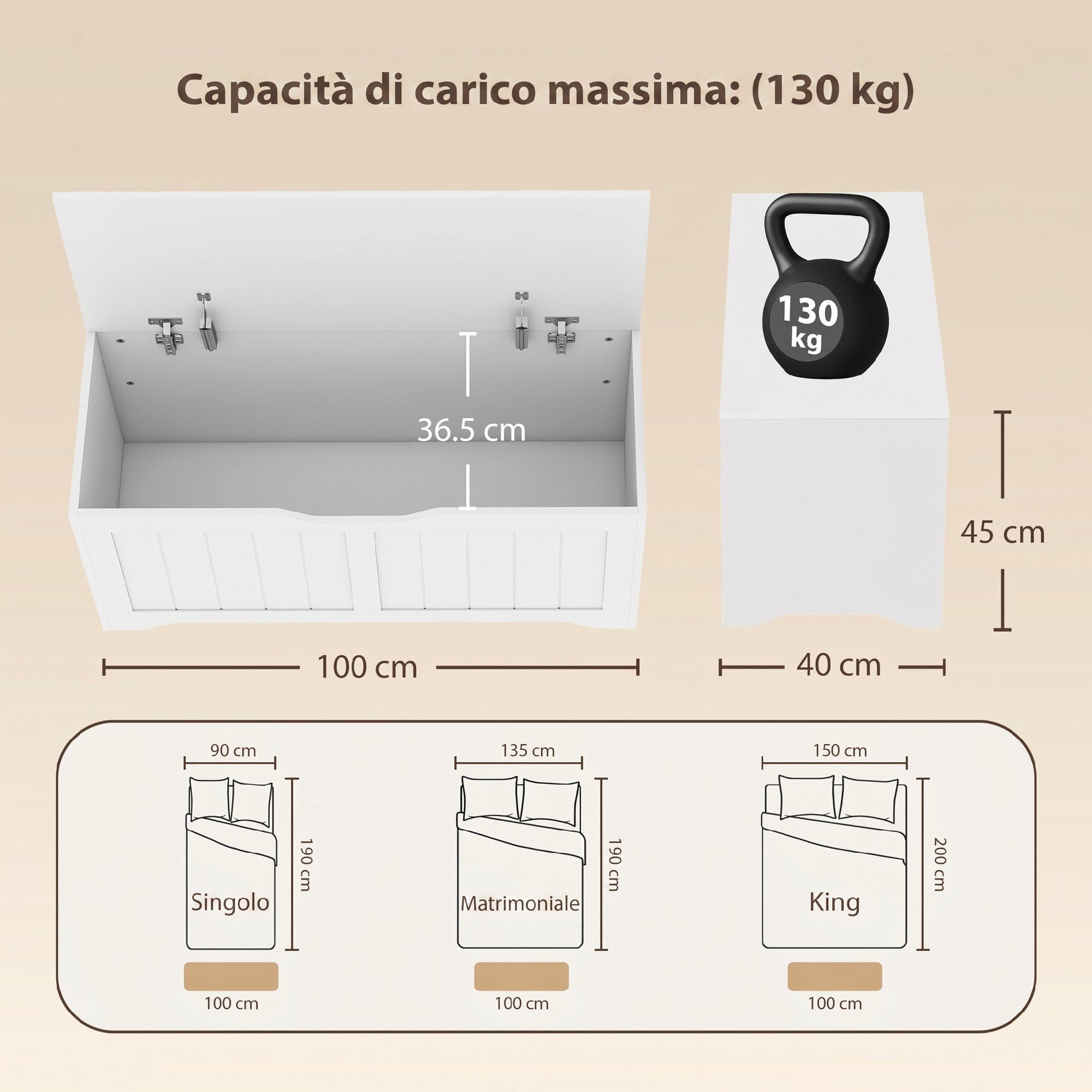 HOMCOM Cassapanca Contenitore da Interno 136L 100x40x45 cm Bianco | 2 Cerniere di Sicurezza, Baule Design Senza Maniglie, per Soggiorno e Ingresso, Panca Contenitore Moderna