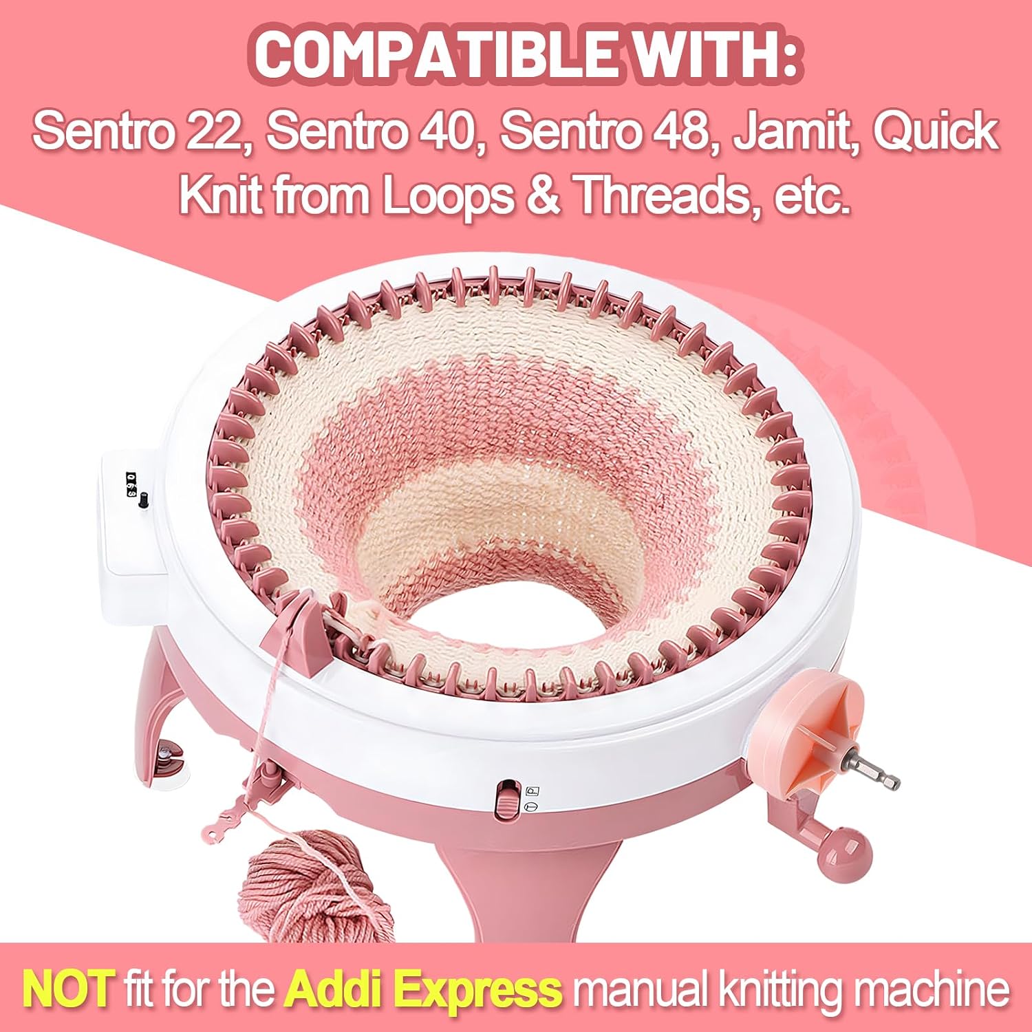 Knitting Machines Adapter - Circular Knotting Loom Crank Handle fits Sentro 22 40 48 & Jamit, Needle Crochet Machine Drill Power Attachment with Hexagon Steel Bit for Quick Knit, Pink