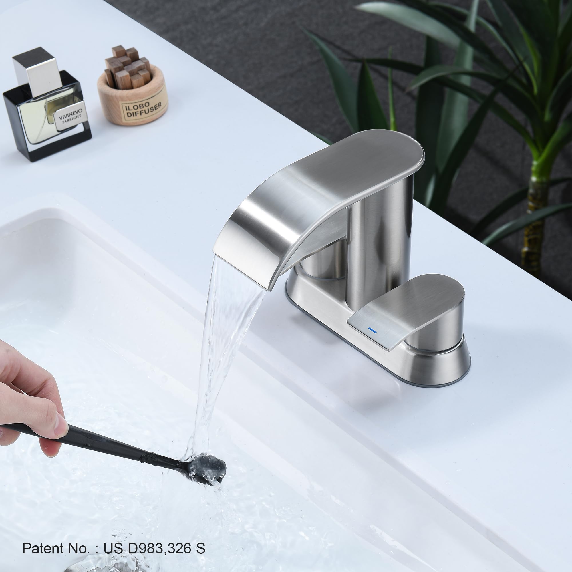 Ultimate Unicorn Waterfall Bathroom Sink Faucet Brushed Nickel Two Handles Bathroom Faucet with Metal Pop up Sink Drain — view 9