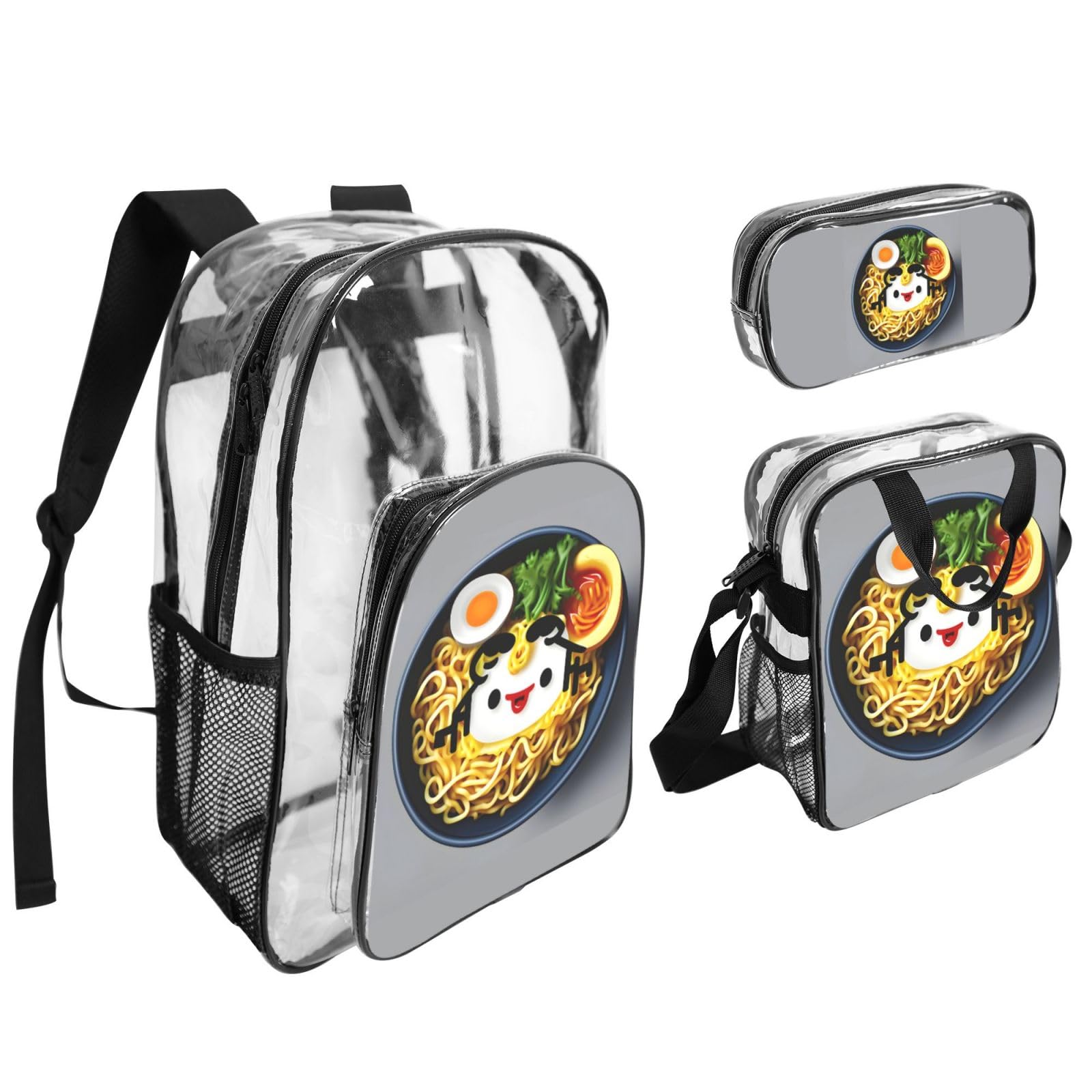 Eierbecher, Nudeln, Ramen-Druck, für Damen, Herren, Kinder, transparentes Rucksack-Set, Schule, Reisen, transparent, 3-teiliges Lunchpaket