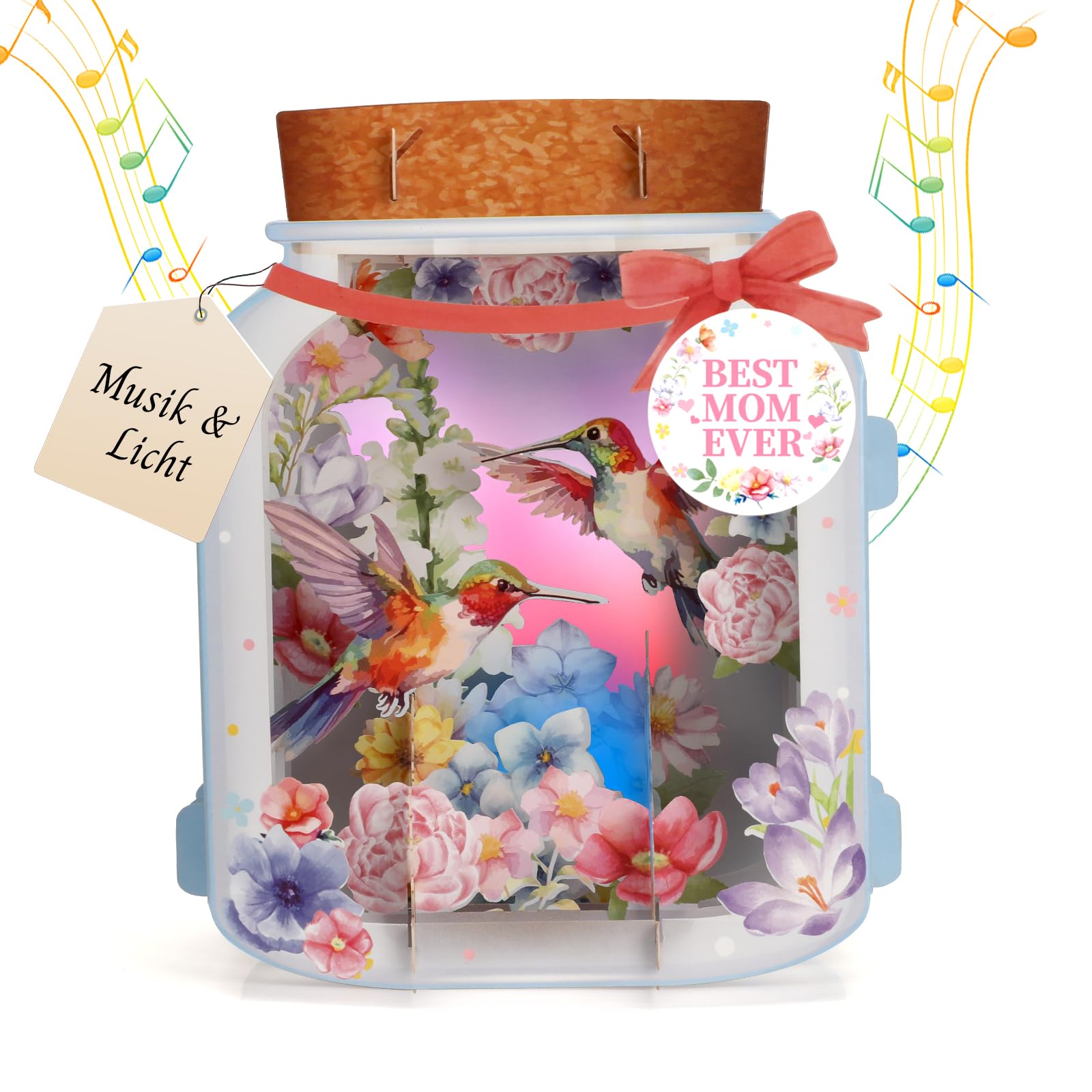 Ecloverlife Muttertagskarte, 3D-Kolibri Muttertagskarte mit Musik und Licht, Alles Gute zum Muttertag Karte für Mama, Mutter, Frau