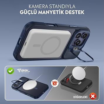 Babilden iPhone 17 Pro Max İçin Kılıf Kamera Korumalı Magsafe İle Uyumlu Kablosuz Şarj Özellikli Mat Şeffaf Renkli Standlı Lens Hediyeli Telefon Kılıfı (Lacivert)