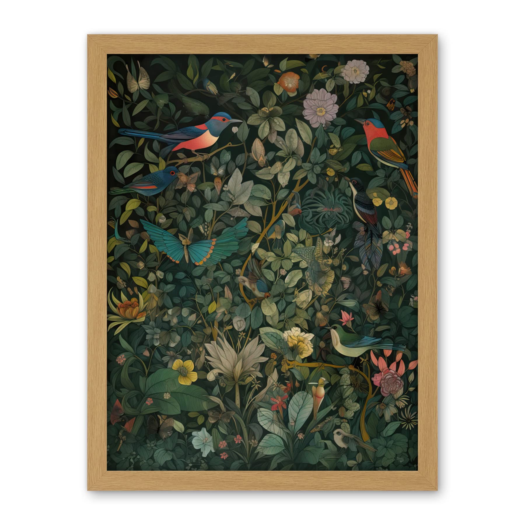 Artery8 Butterflies and Birds on Flowering Shrub Folk Art Artwork Framed Wall Art Print 18X24 Inch