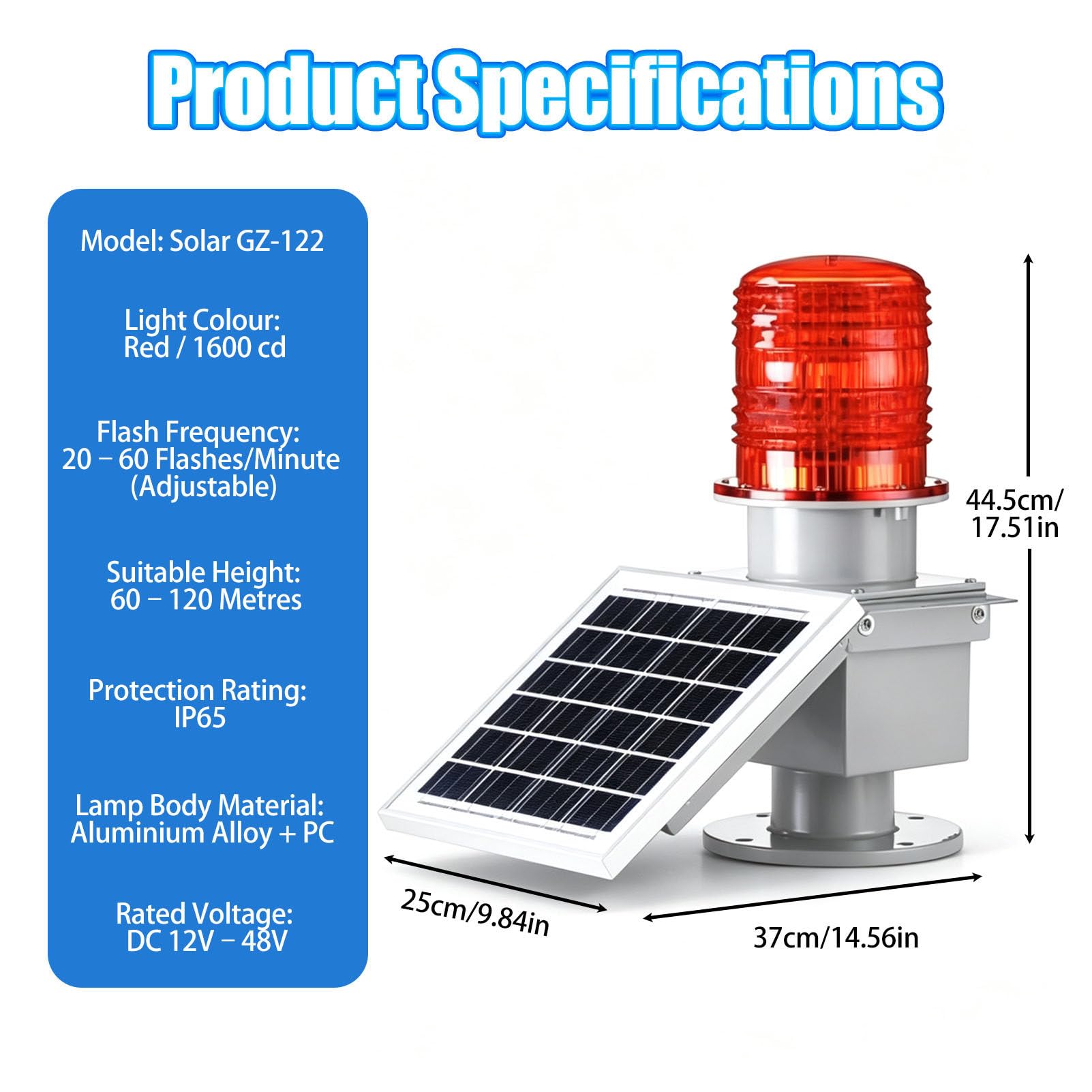 Luce di Segnalazione Ostacoli per L'aviazione a LED Solare da 15W, Luce Lampeggiante di Sicurezza con Accensione/Spegnimento Automatico, Lampada di Segnalazione a 360° per Gru Edili GZ122
