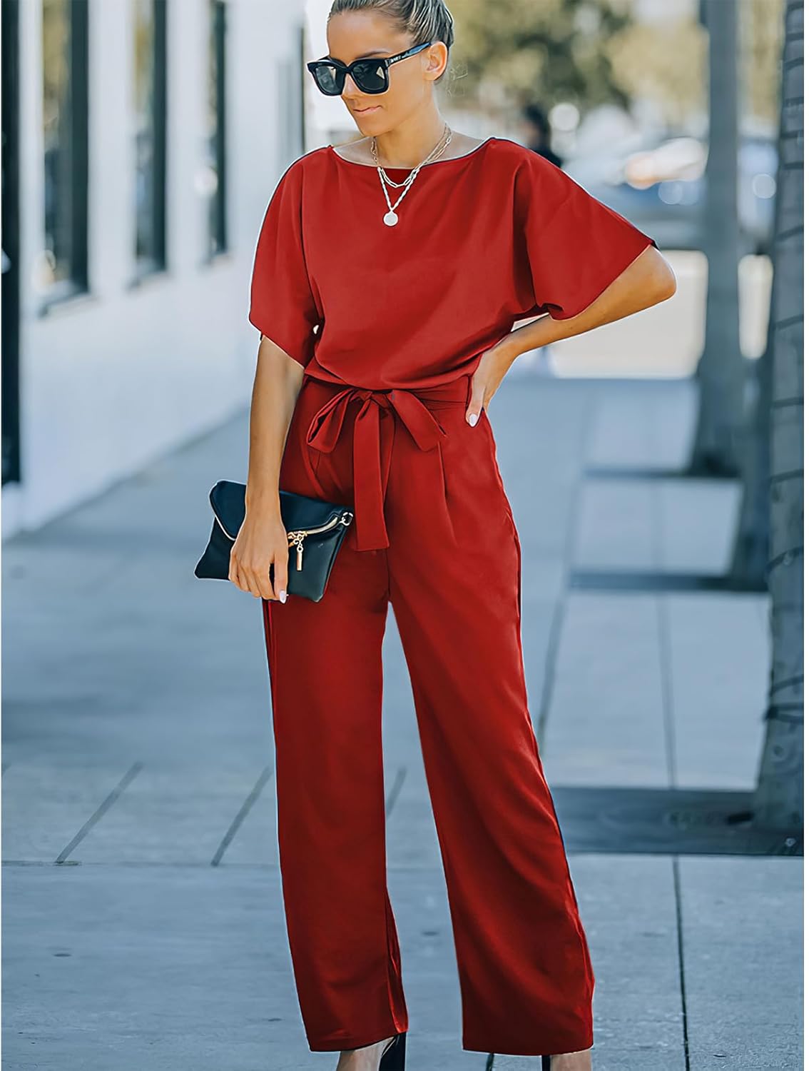 Women's Short Sleeve Jumpsuits Belted Wide Leg Long Pant Romper - Image 4