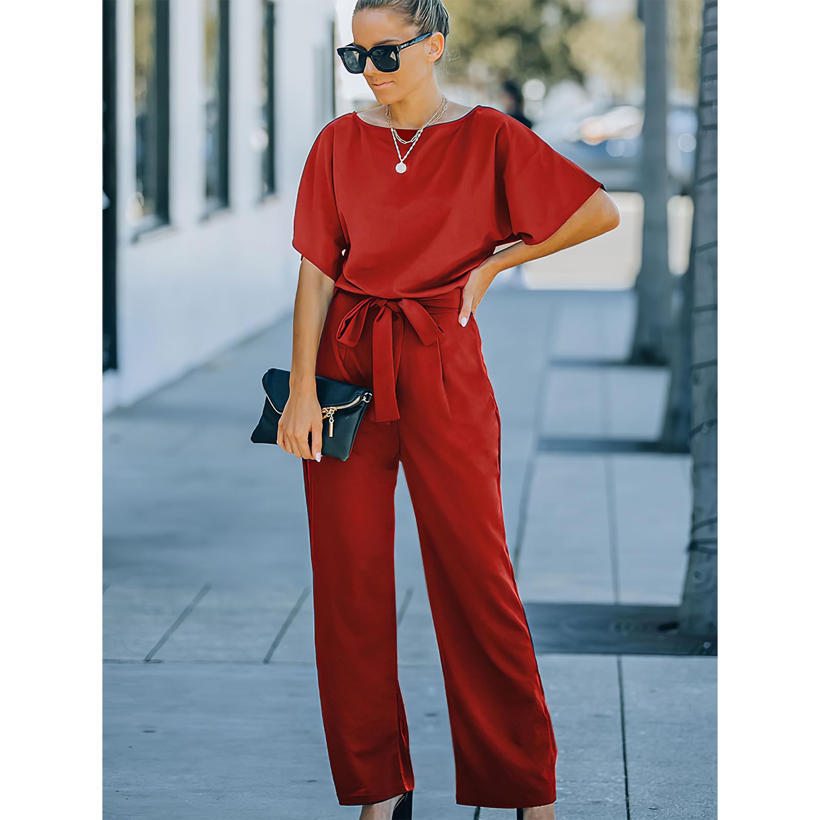 amropi Femmes Combinaison Manches Courtes Barboteuse Jumpsuit Élégant Pantalon Casual Combishort avec Ceinture