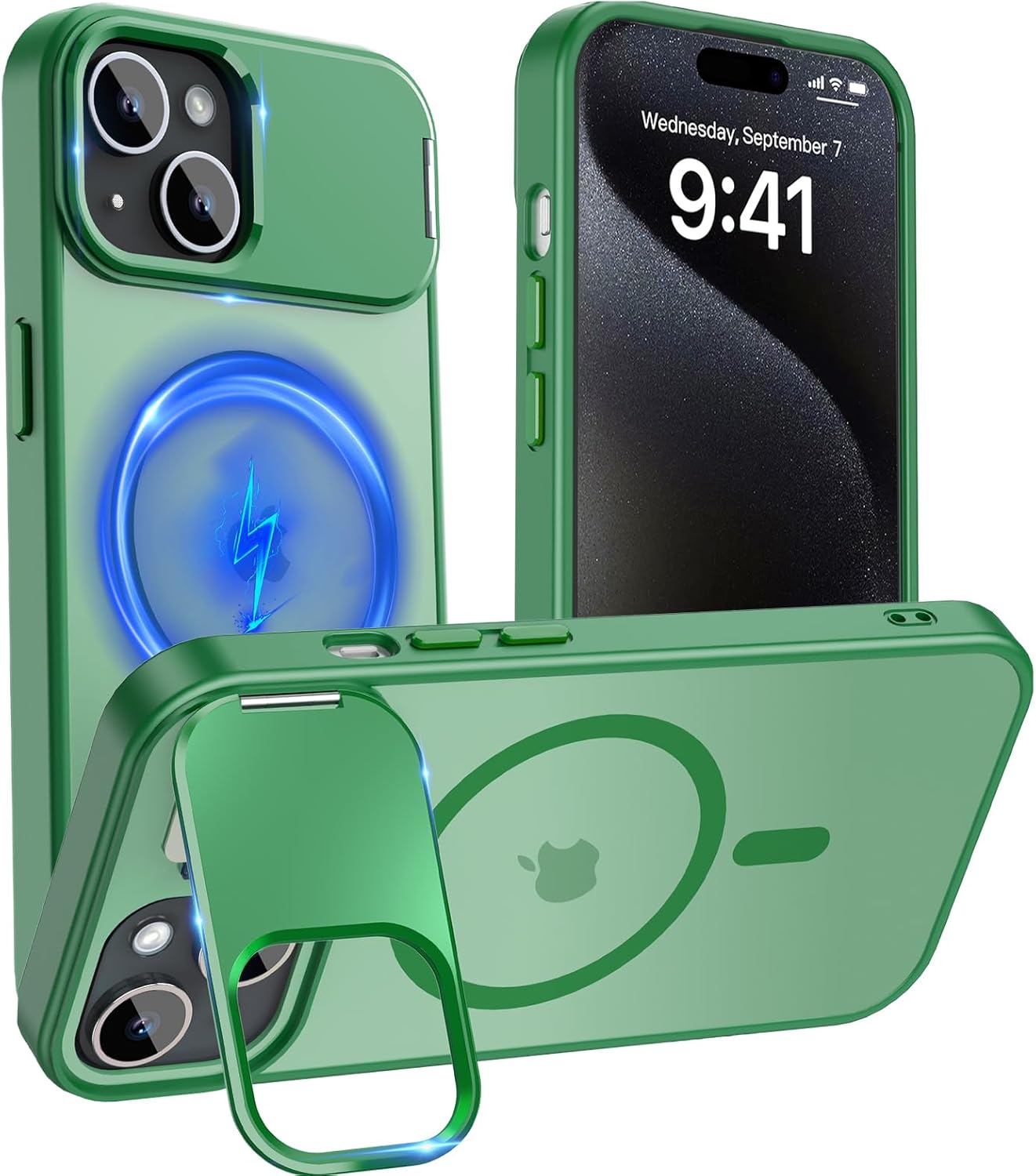 Cufelf Magnetic for iPhone 15 Case(Compatible with Magsafe)(Built-in Invisible Kickstand) Military Drop Protection,Anti-Fingerprint,Anti-Scratch,Matte Translucent Phone Cover,6.1",Green iPhone 15 Case A-Green