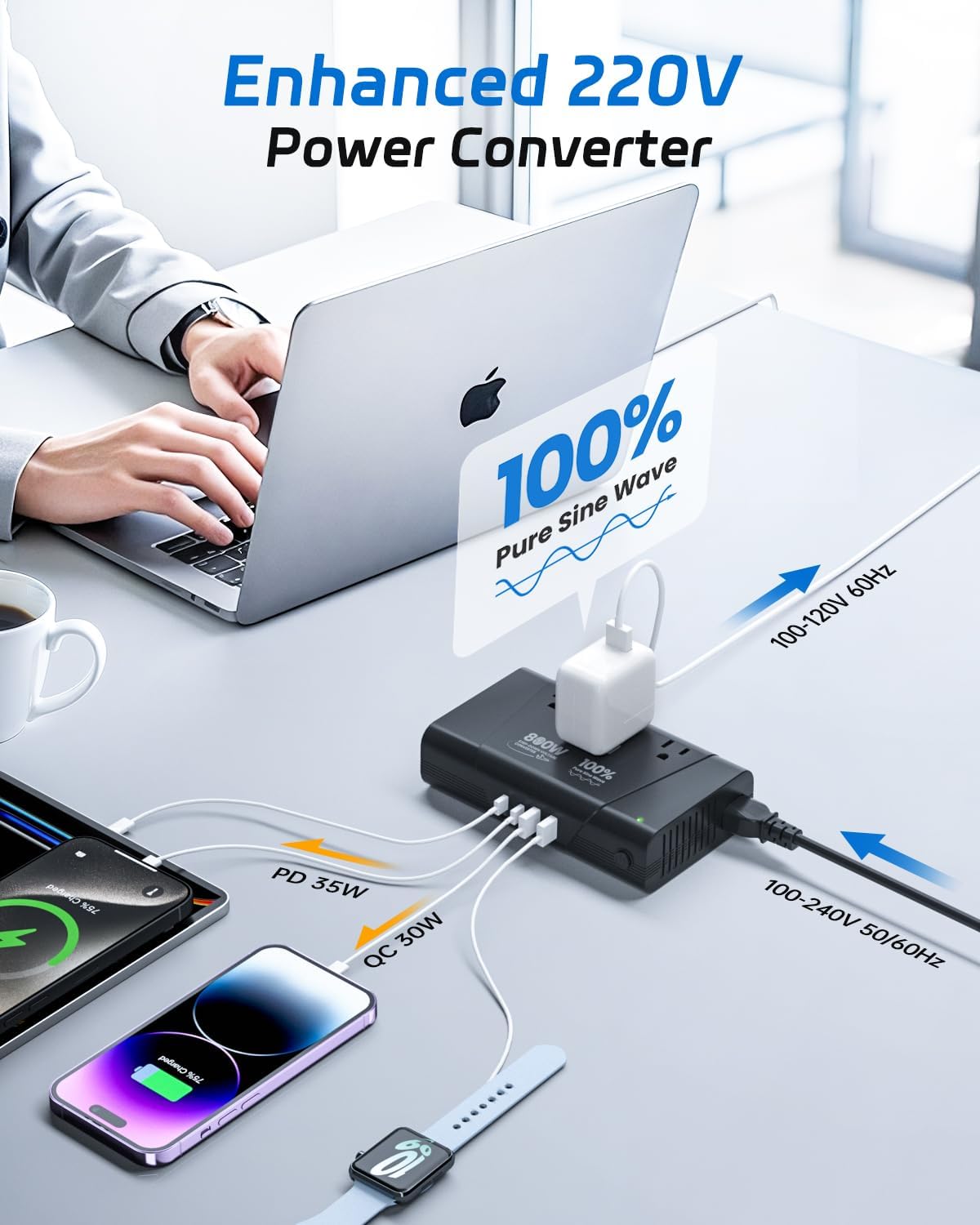 DOACE 220V to 110V Converter - 800W Voltage Converter US to Europe for Hair Straightener, Curler, Phone, Power Converter with 2 USB C & 2 USB A Ports, European Travel Plug Adapter UK, US, AU, EU
