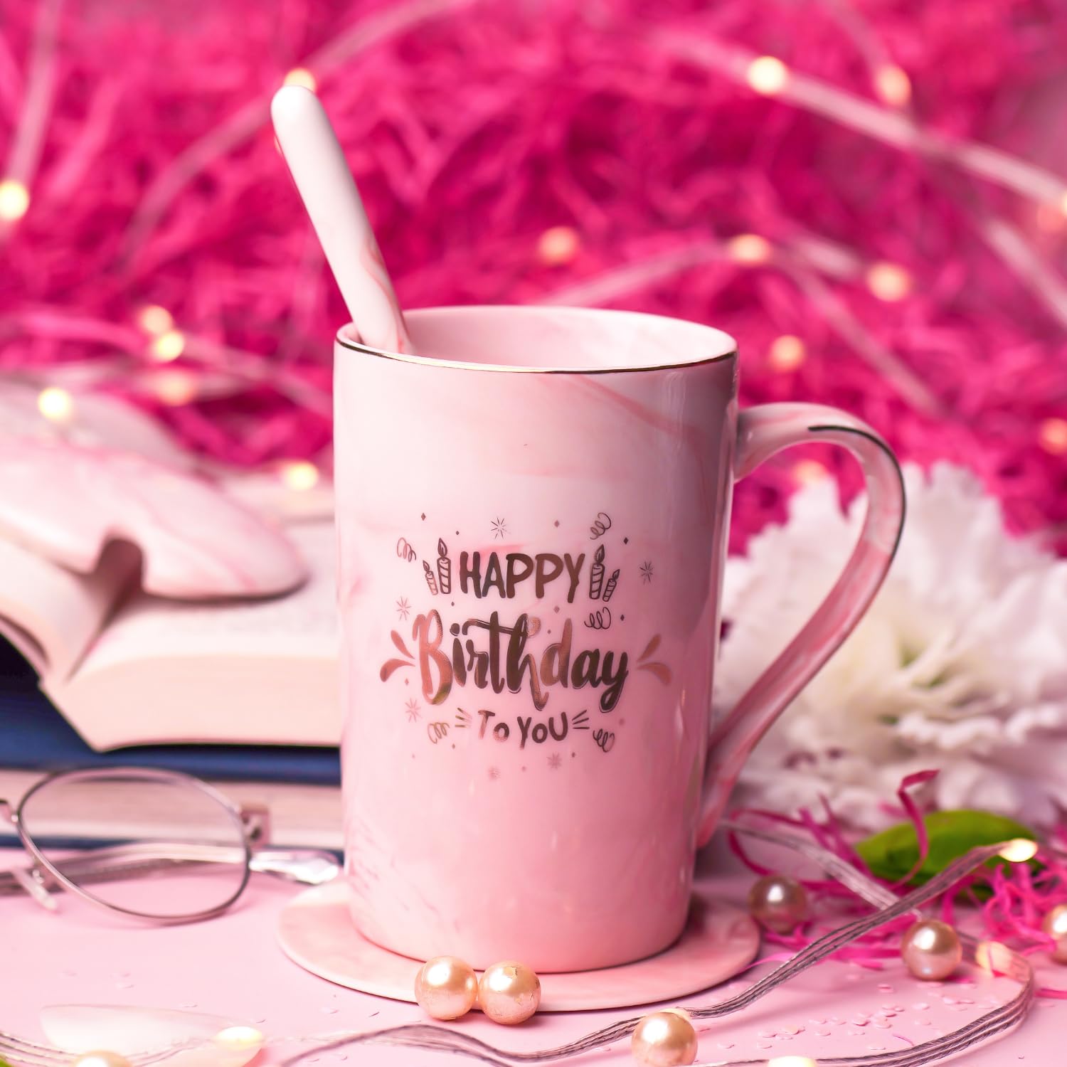 NYRWANA Coffee Mug, Gift for Woman, Birthday Present for Girlfriend, Mugs for Present, Present Items for Women, Cute Mugs with Spoon, Box & Bag (400ml-Pink)