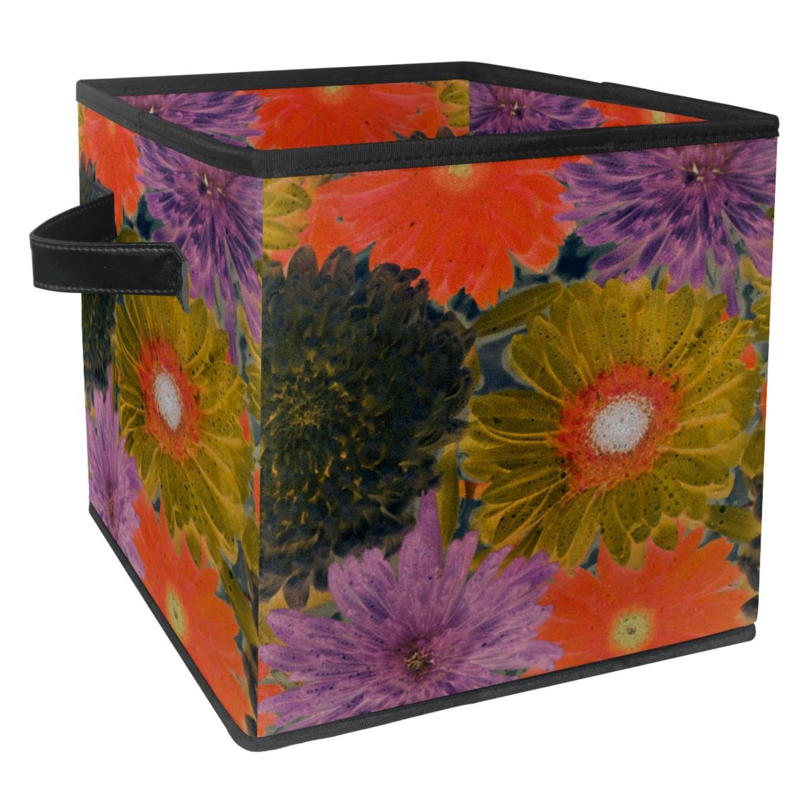 Panier de rangement en tissu avec poignées motif peinture vintage chrysanthème pour étagère