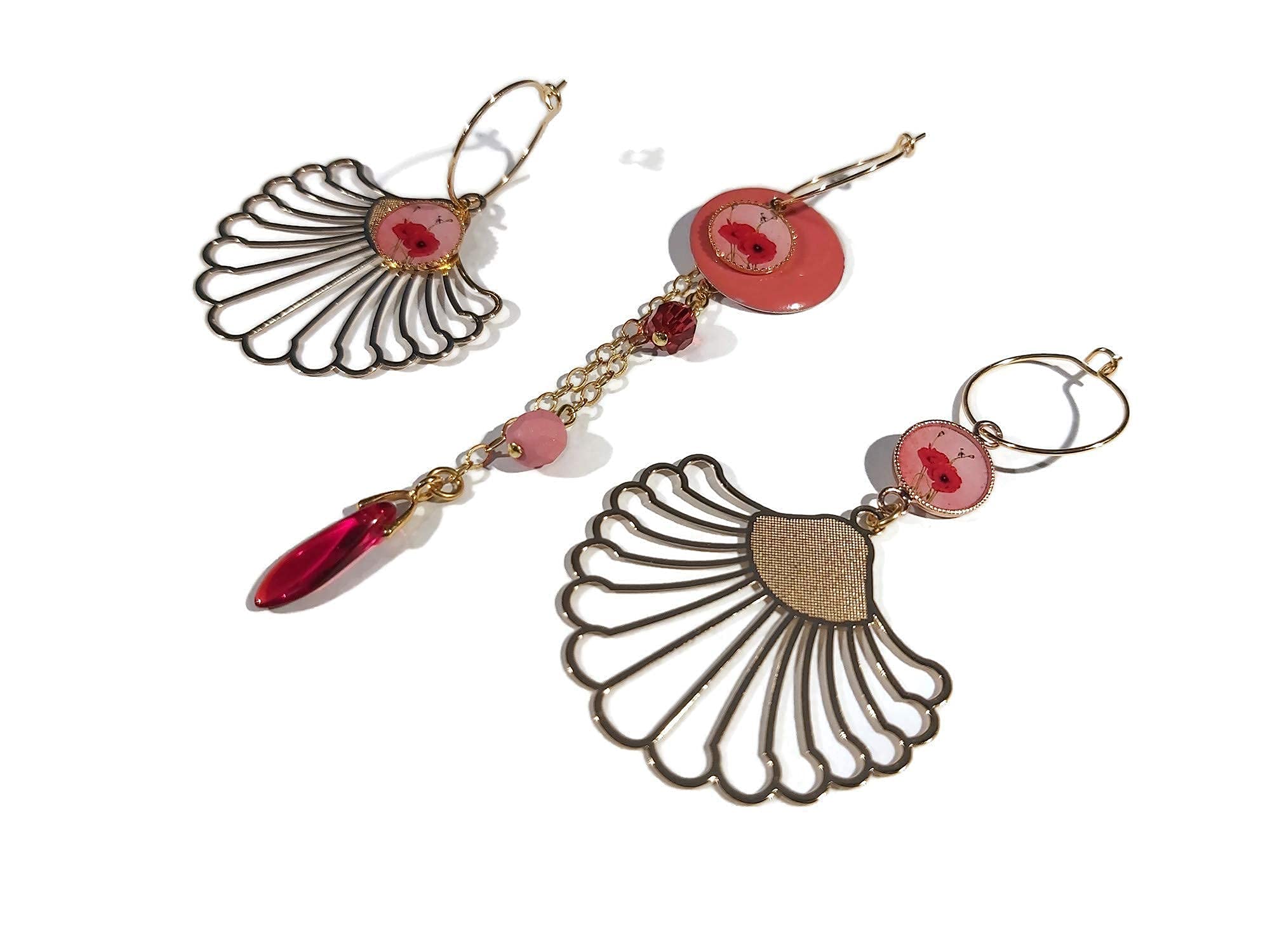 Boucles d'oreilles coquelicot interchangeables laiton or rose - 8