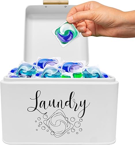 Miniatura 8 de Skywin Contenedor de metal para lavandería con tapa, contenedor de almacenamiento de cápsulas de lavandería para organización de lavandería,