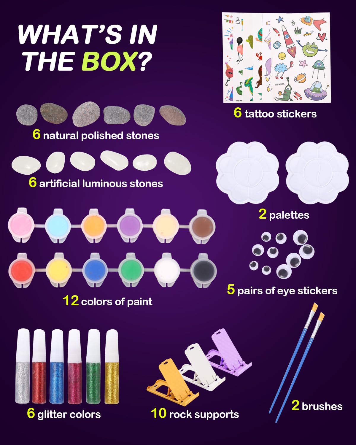 Kit Peinture Sur Pierre Lumineuse YAOZUP 2en1 | 10 Pierres, 10 Couleurs Fluorescentes + Autocollants - Enfants 4-12 Ans