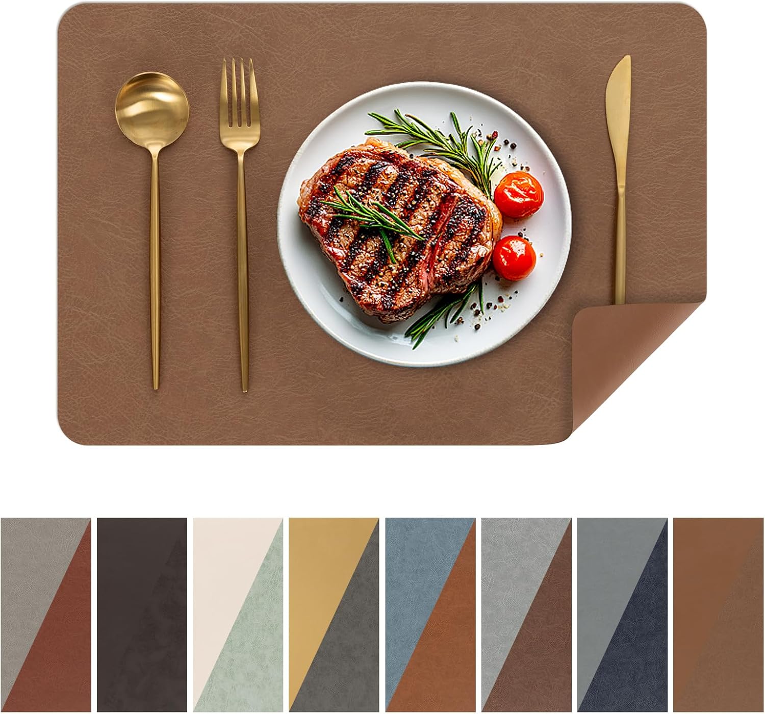 SHACOS Wipeable Placemats Set of 8 Waterproof Leakproof Faux Cowhide Two Sided Leather Place Mats Heat Resistant Table Mats for Kitchen Dining Table Indoor Outdoor, Camel Brown