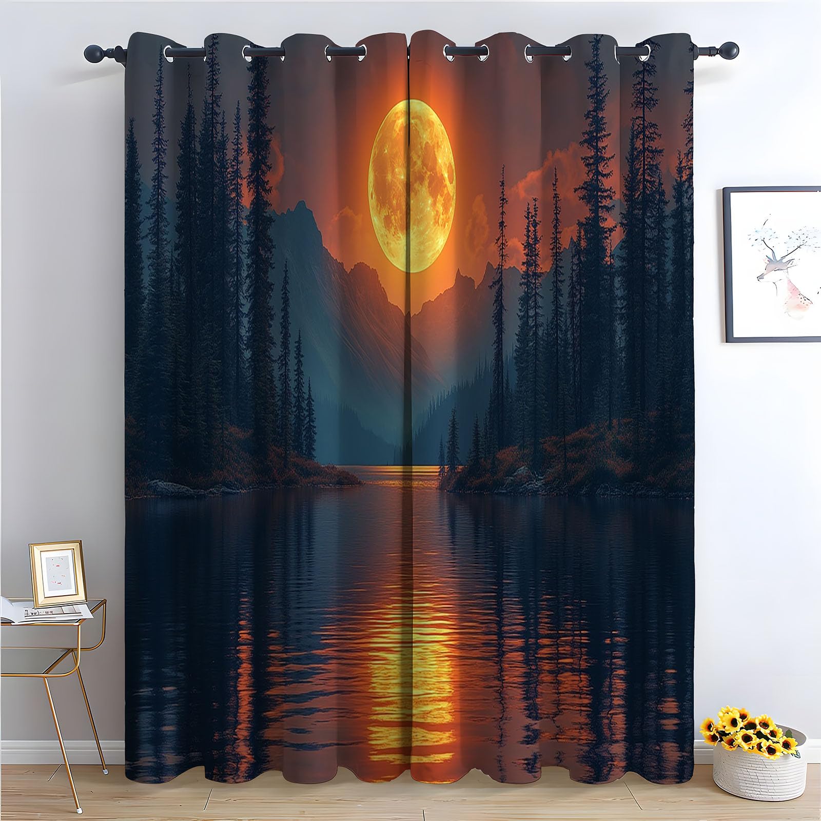 TERUEA Floral Curtains for Living Room Golden full moon mountain reflection dark forest dusk Floral Printed Room Darkening Curtains for Bedroom,-42" W x 54" L (Pack of 2)
