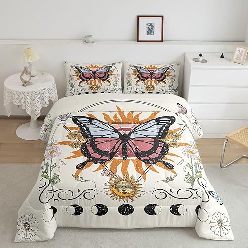 Erosebridal Juego de edredón de mariposa hippie individual con sol y luna, juego de ropa de cama tribal de fase lunar, juegos de edredón de animales