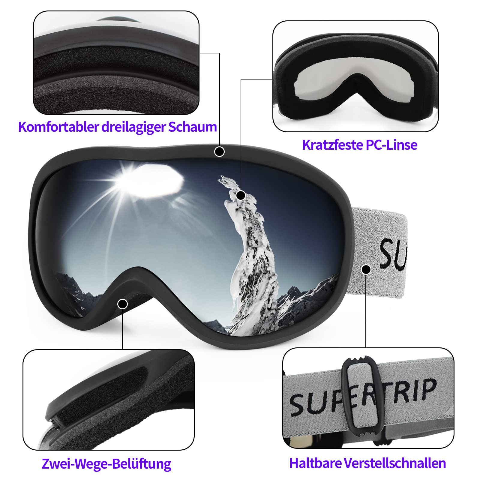 Supertrip Ski Goggles Womens Mens,Anti-fog Anti-glare Skiing Snowboard goggles with 100% UV400 Protection,Helmet Compatible - Image 4