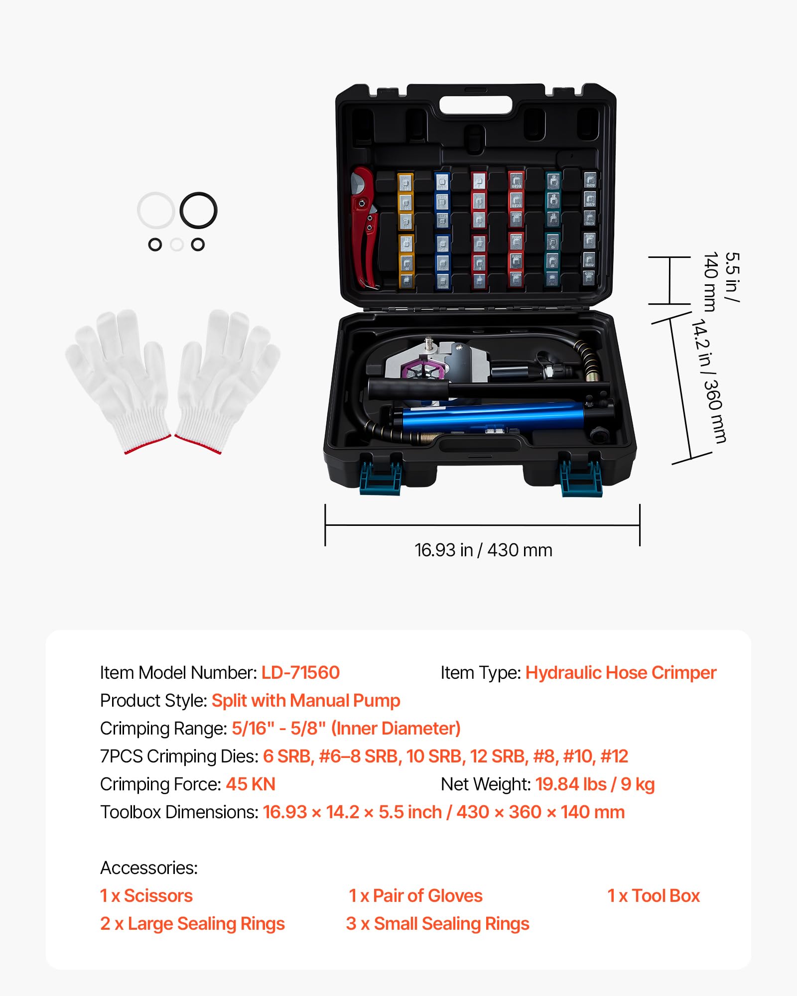 VEVOR Crimpadora de Mangueras Hidráulicas, con 7 Matrices de Montaje Rápido y Estuche de Transporte, a Reparación Automóviles y Aire Acondicionado, Dividida con Bomba Manual, 430 x 360 x 140 mm