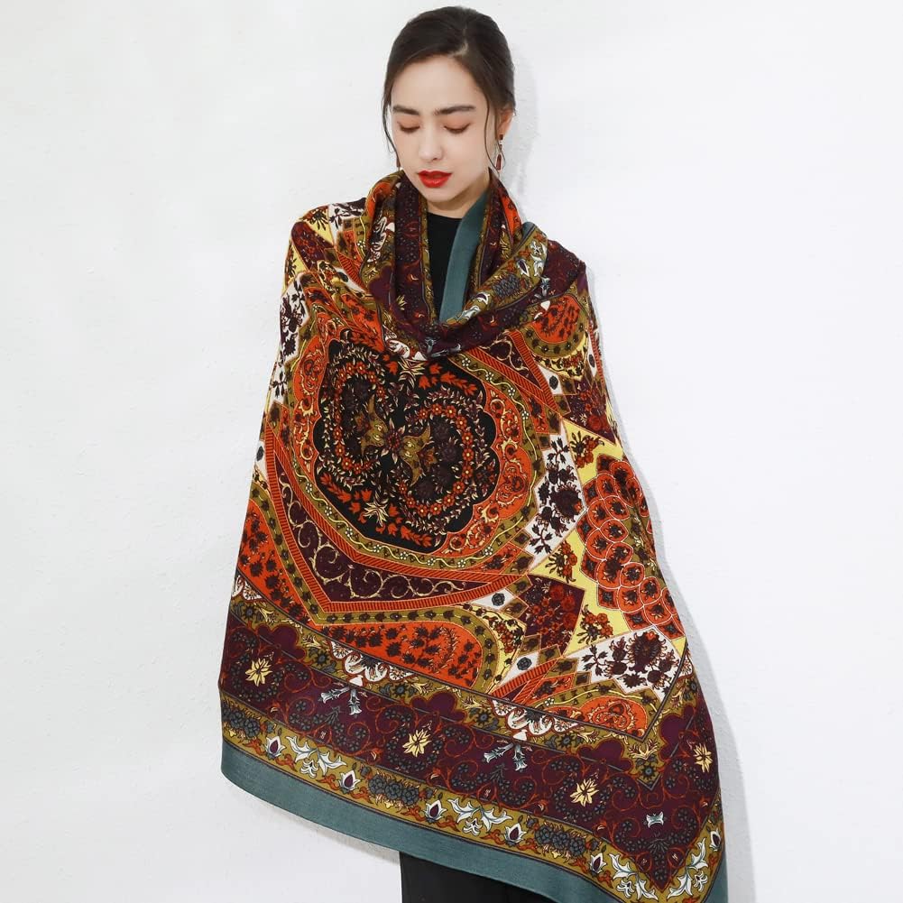 DANA XU 100% Merino Wool Pashmina Shawl for Women 96"x43", Oversized Cashmere Wrap with Tassels, Floral Travel Blanket Cape - Image 9
