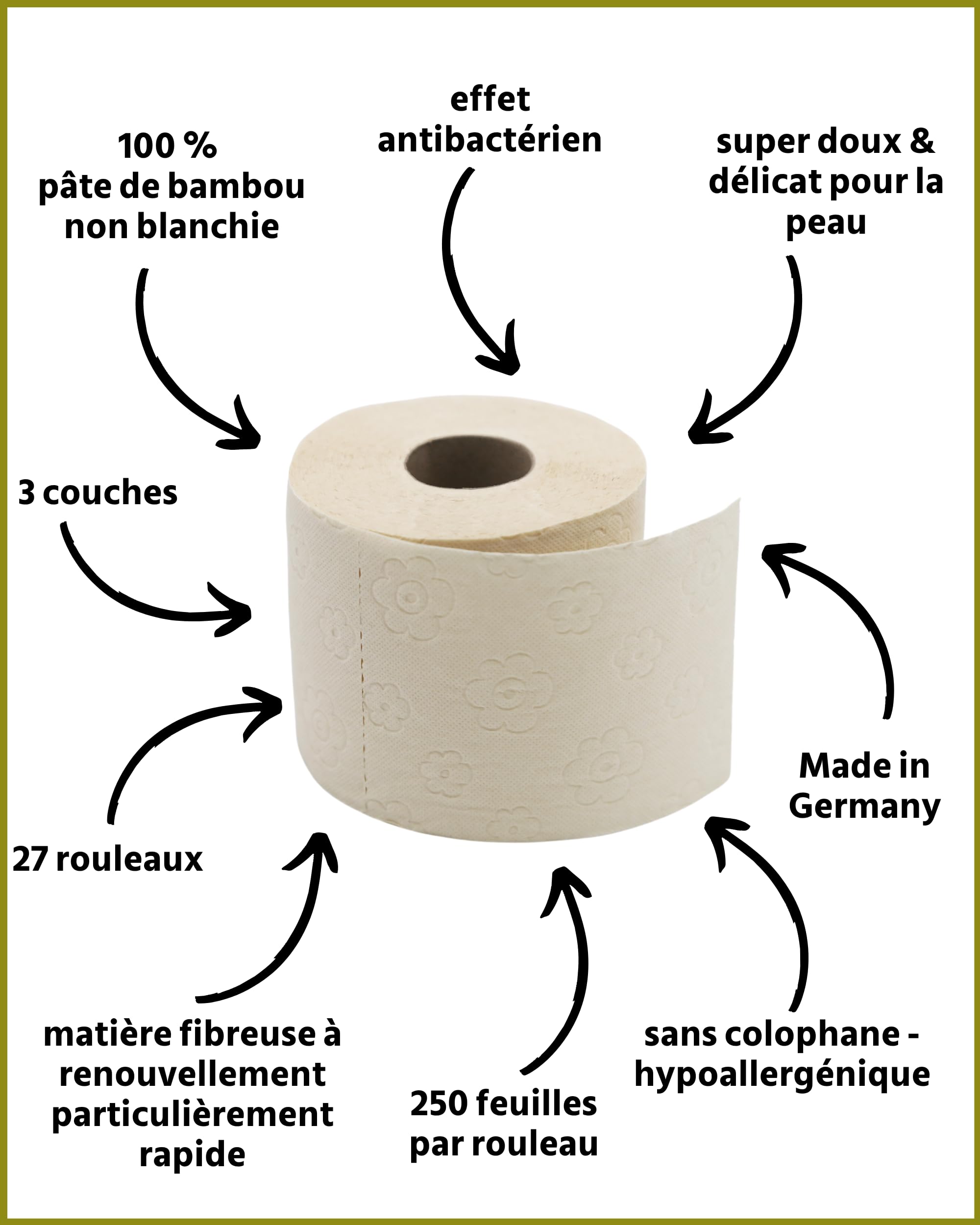 œcolife papier toilette bambou, 3 couches, 27 rouleaux x 250 feuilles, emballage en vrac, super doux, sans plastique, papier hygiénique, végétalien, papier toilette durable