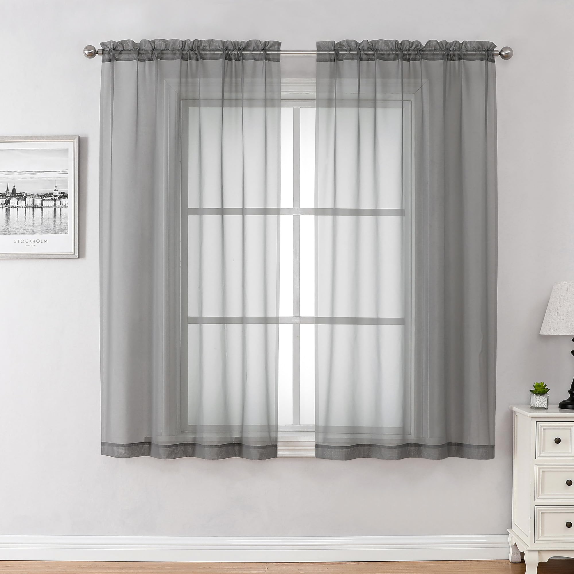 Chyhomenyc Voile Sheer Window Curtain Panels 54 Inch Long, Set of 2, Top Dual Rod Pockets Light Filtering Drapes for Small Window/Bathroom/Living Room