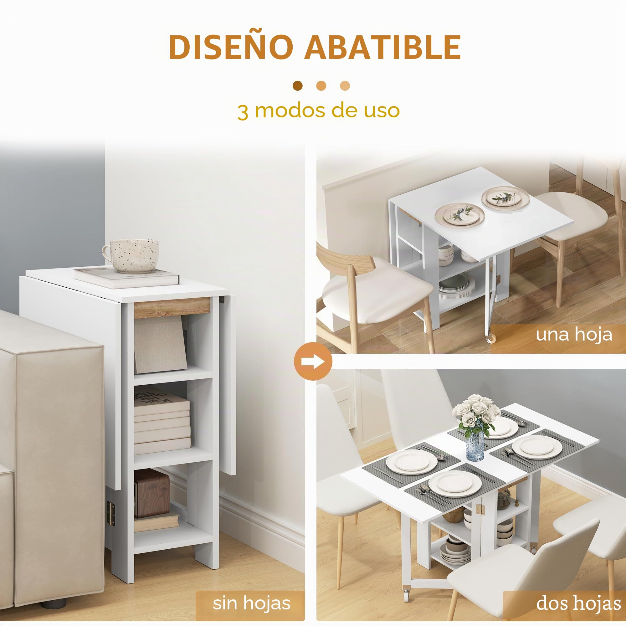 HOMCOM Mesa Plegable de Comedor con Ruedas Estantes 120x60x75 cm Blanco | Mesa de Cocina Plegable, Alas Abatibles, Hasta 4 Personas, para Salón, Espacio Pequeño