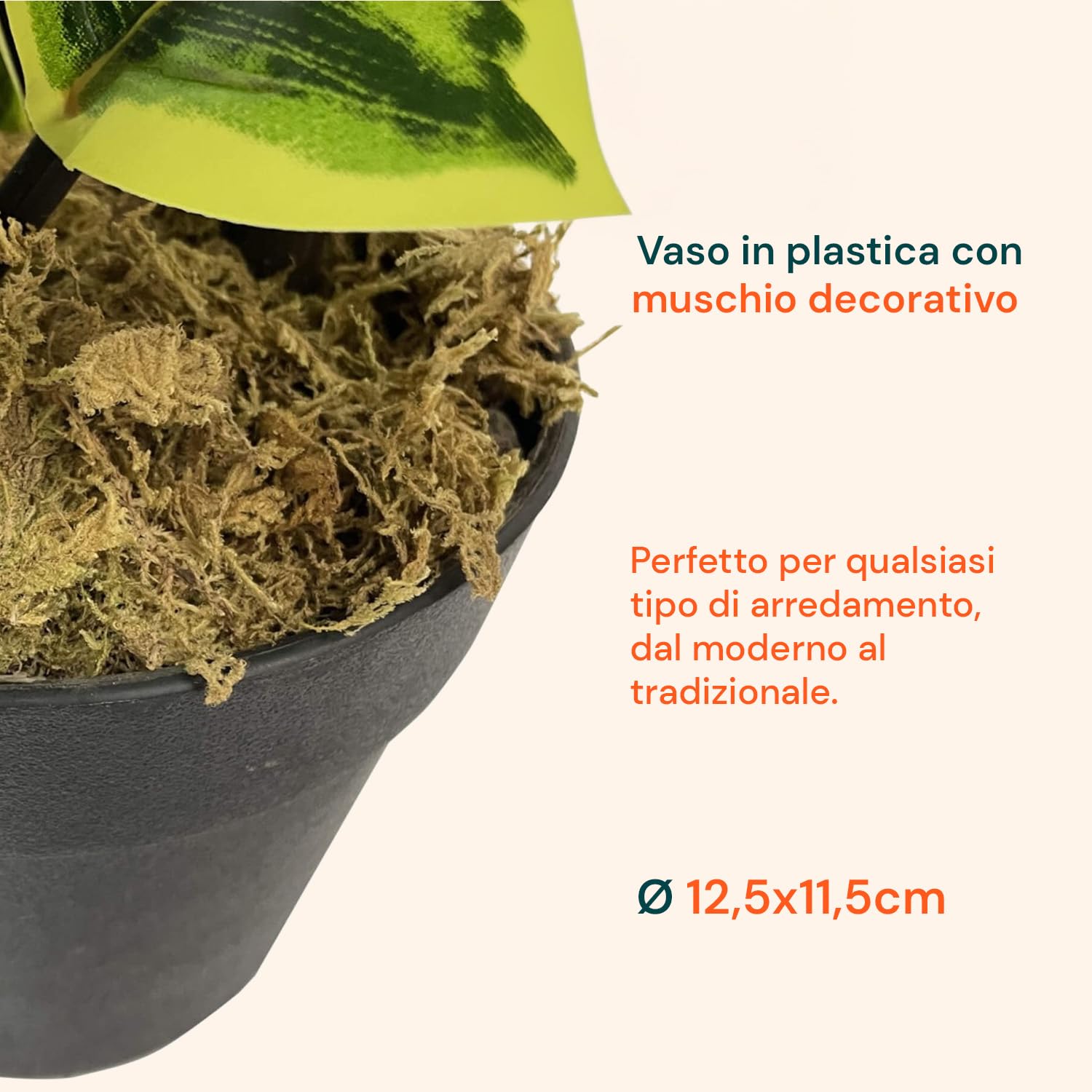 Wintem Pianta di Ficus Elastica Artificiale in Polietilene con 15 Foglie, 65 cm, Vaso con Muschio, Pianta Decorativa da Interno
