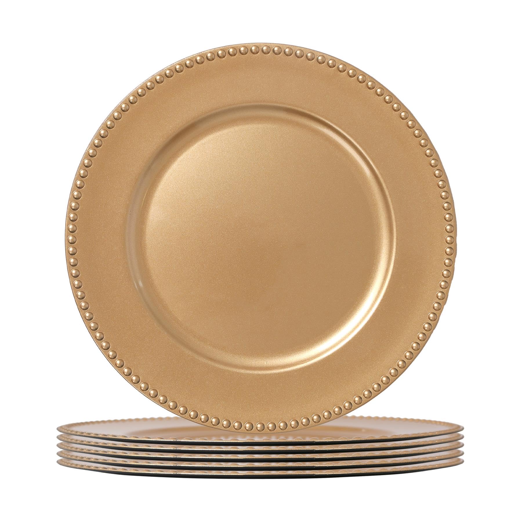 Argon Tableware Gold Charger Plates - 33cm - Dinner Set for 6 - Bead Design - Round Reusable Melamine Christmas Serving Dishes Large Dinnerware Christmas Plates Set for Party Celebrations, Weddings