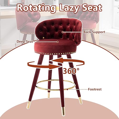 Miniatura 7 de QQU Juego de 2 taburetes de bar, modernas sillas de bar ajustables de terciopelo con respaldo, patas de madera maciza, taburetes de bar tapizados y