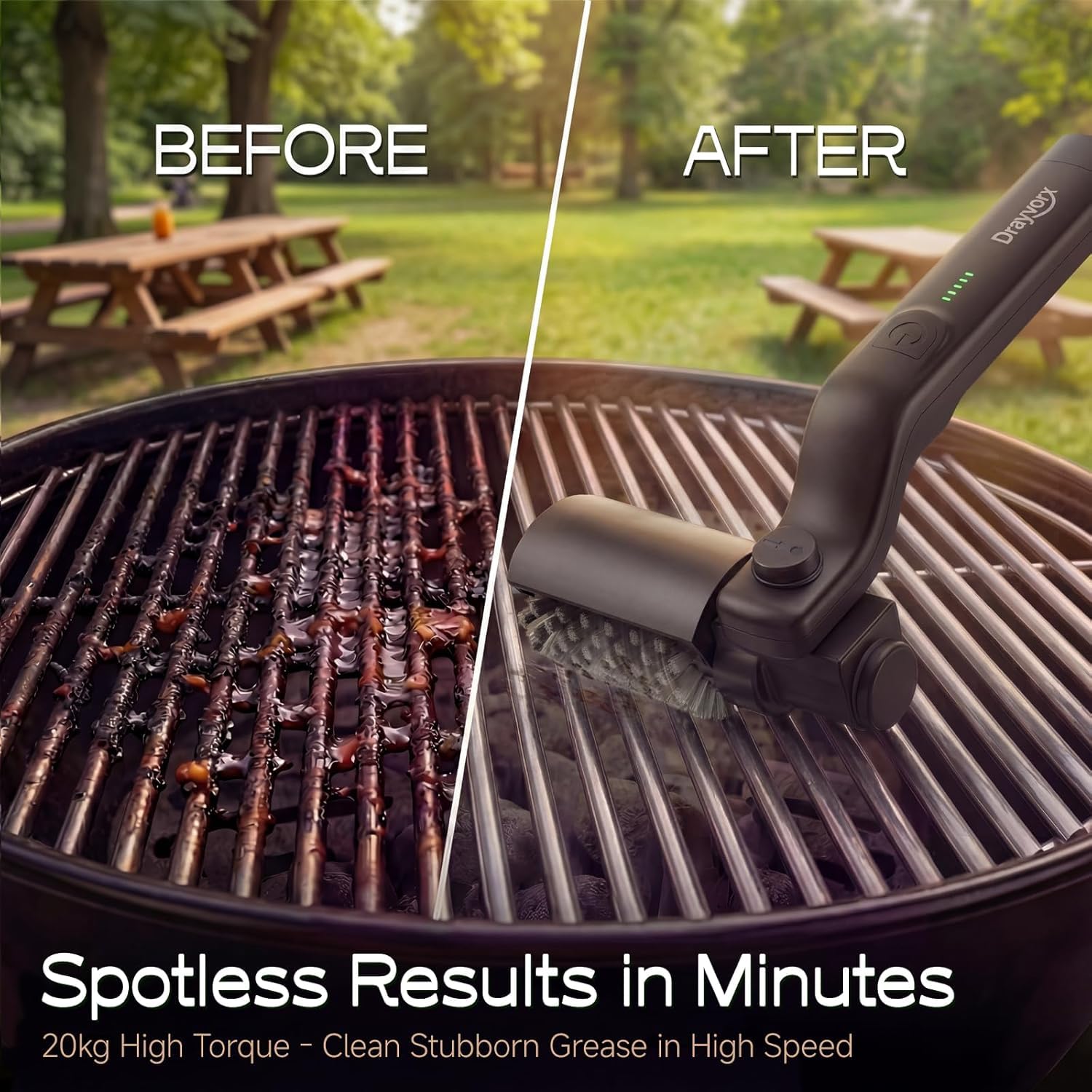 Brosse à grill électrique, brosse à grill à couple élevé avec modes 3 vitesses, nettoyeur de barbecue à couple maximum de 20kg pour acier inoxydable en fonte de porcelaine, poiles en acier renforcé, T