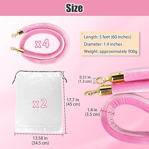 Miniatura 2 de Hokimder - 4 cuerdas de terciopelo rosa, cuerdas de terciopelo de 5 pies con ganchos dorados pulidos, cuerdas de barrera de control de multitudes