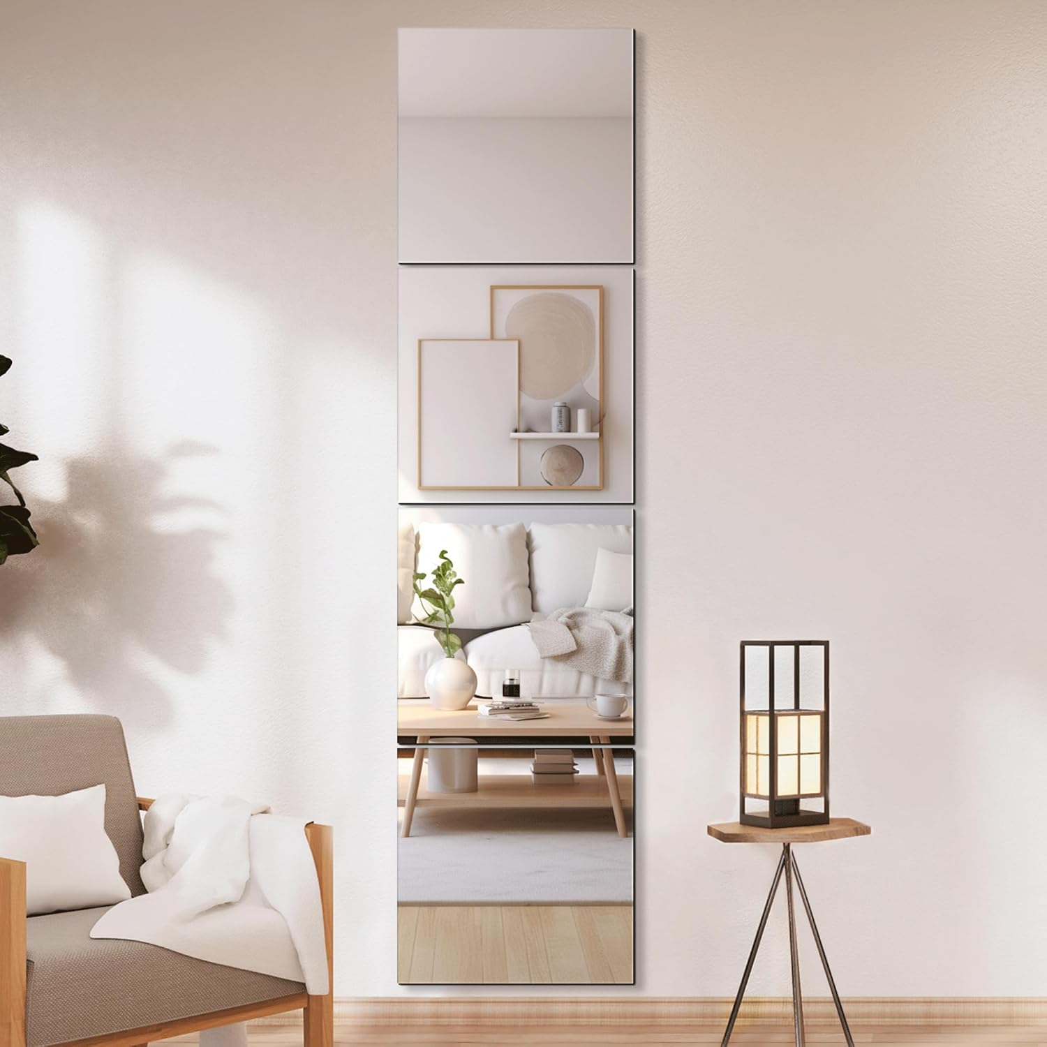 Delma Frameless Mirror Tiles 18"x18"x4 Pcs Wall Mounted, Shatter Resistant Full Length Tempered Glass Panels for Home Gym Bathroom Bedroom & Living Room Decor 18''x18''-4PCS