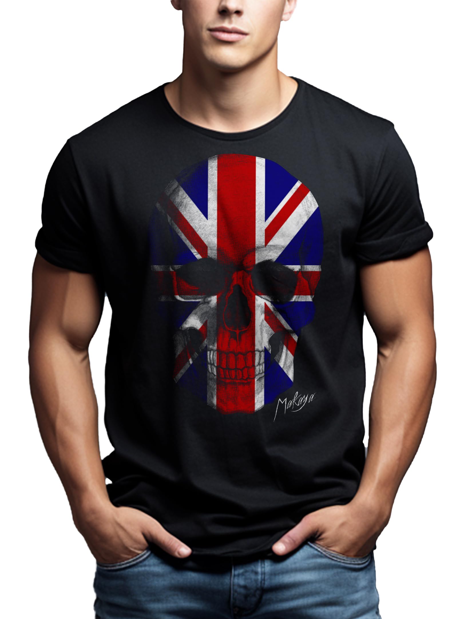 Makaya Men's Black Uk Flag T-Shirt Union Jack Skull Size Xl