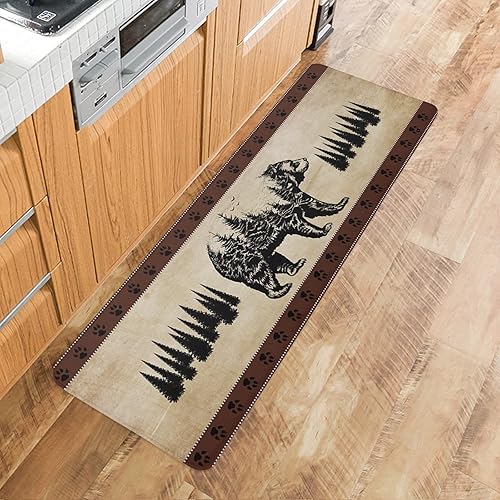 Miniatura 3 de Tapete de cocina, 1 unidad, diseño vintage de pino y oso, antifatiga, cómodo, de espuma viscoelástica, antideslizante, para puerta de baño,