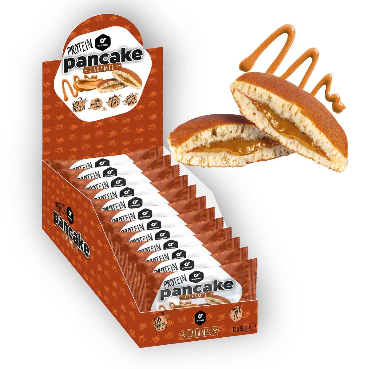 Go Fitness Protein Pancake - [12 x 55 gramm ] Caramel High Protein Snack, frisch gebacken & extrem lecker - Eiweißriegel alternative mit 13g Eiweiß pro Pancake