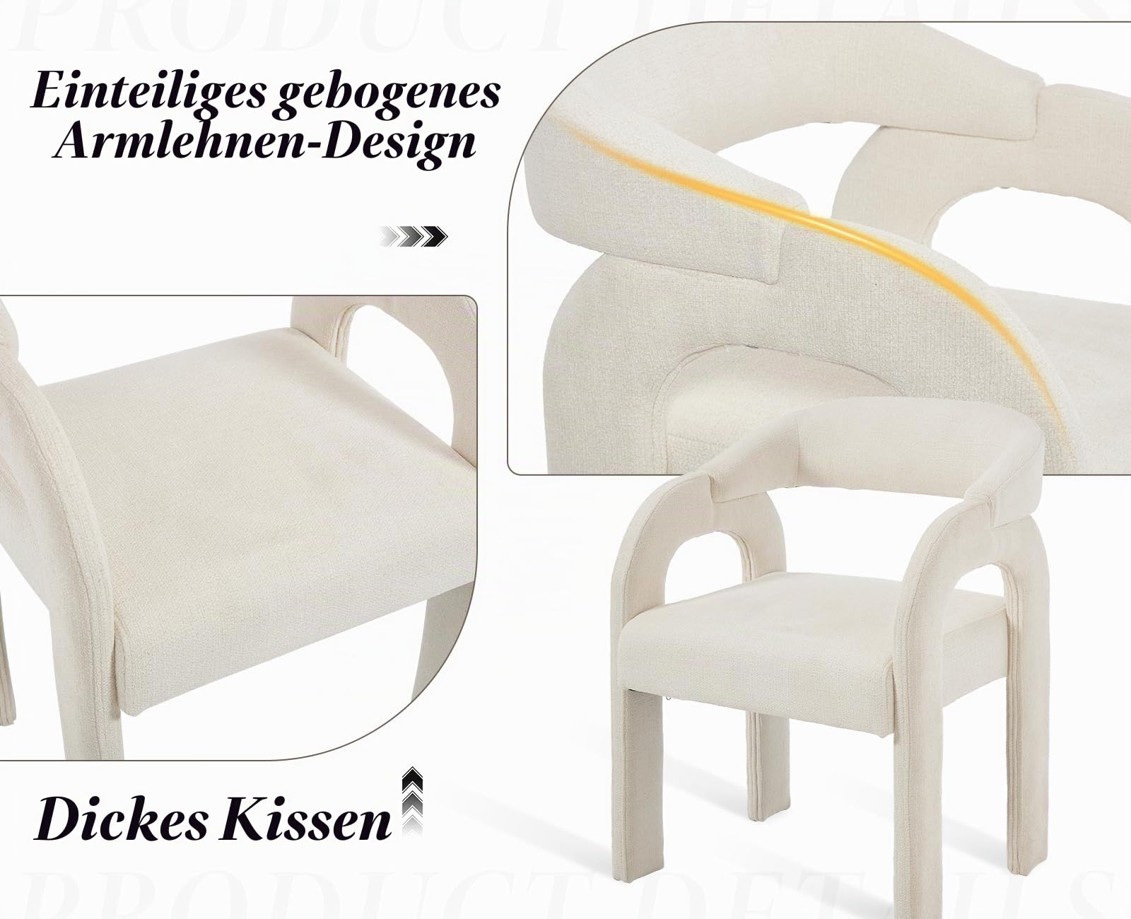 Ya-Home Esszimmerstühle 2er Set, gepolsterter Küchenstühle mit Curved Back Nordic Armlehnstuhl aus Chenille Loungesessel für Esszimmer/Wohnzimmer/Küche, Weiß