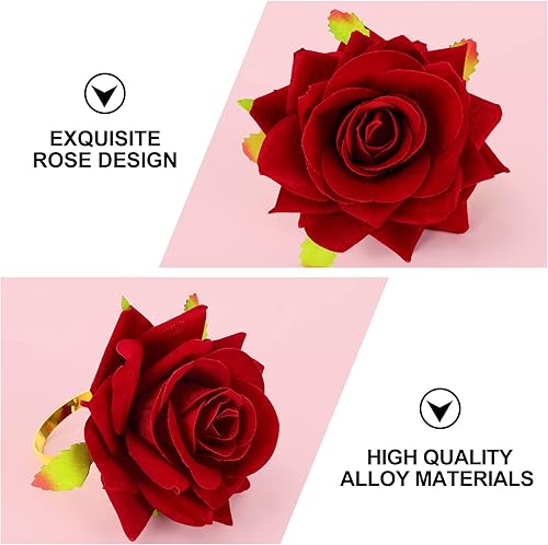 Miniatura 3 de Whaline Servilleteros de rosas artificiales para el día de San Valentín 12 servilleteros de rosas rojas sintéticas servilleteros de aleación anillos