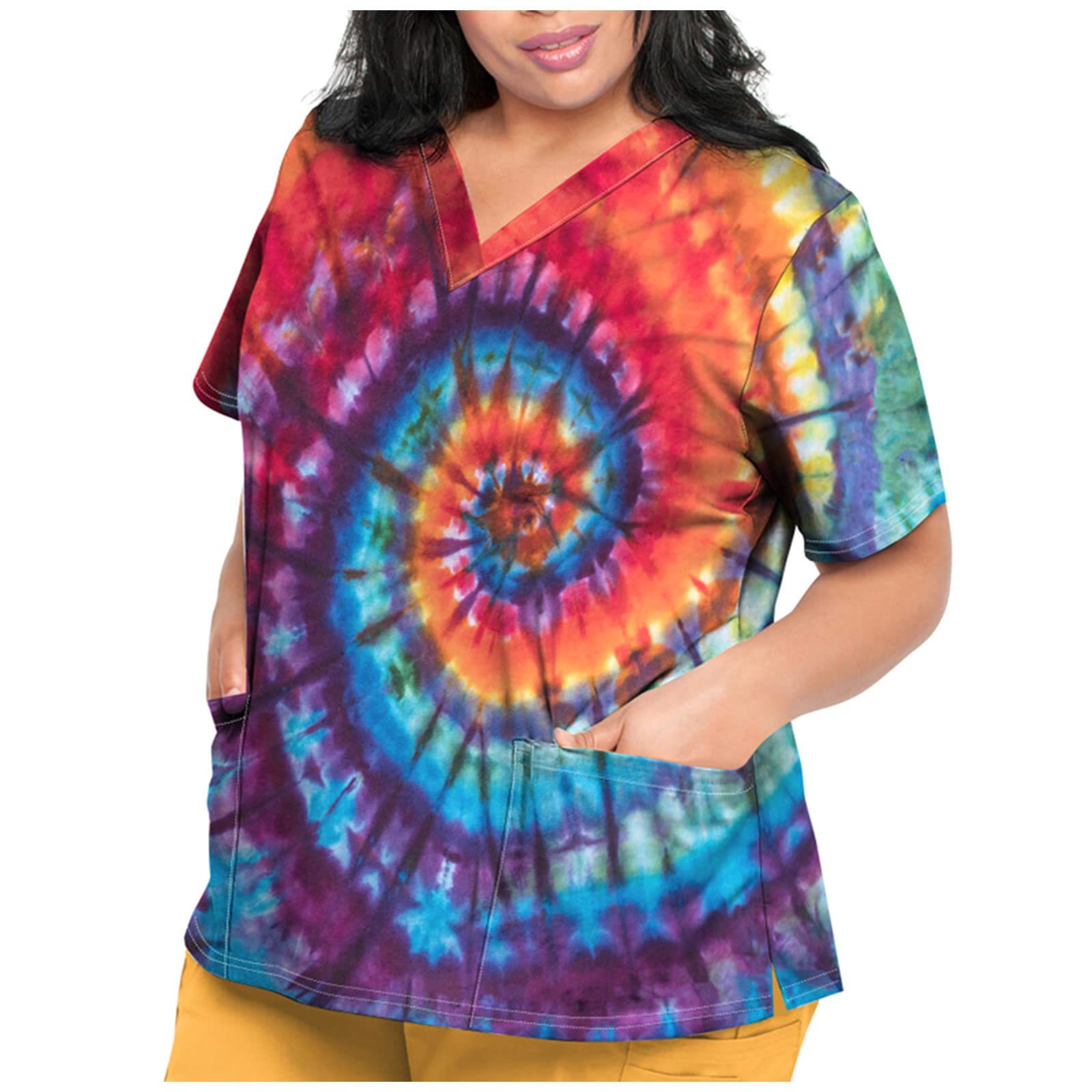 DPKLADScrub Tops Summer Casual V-Neck Short Sleeve Plus Size Nurse Uniform, Fashionable V-Neck Plus Size Pullover with Pockets