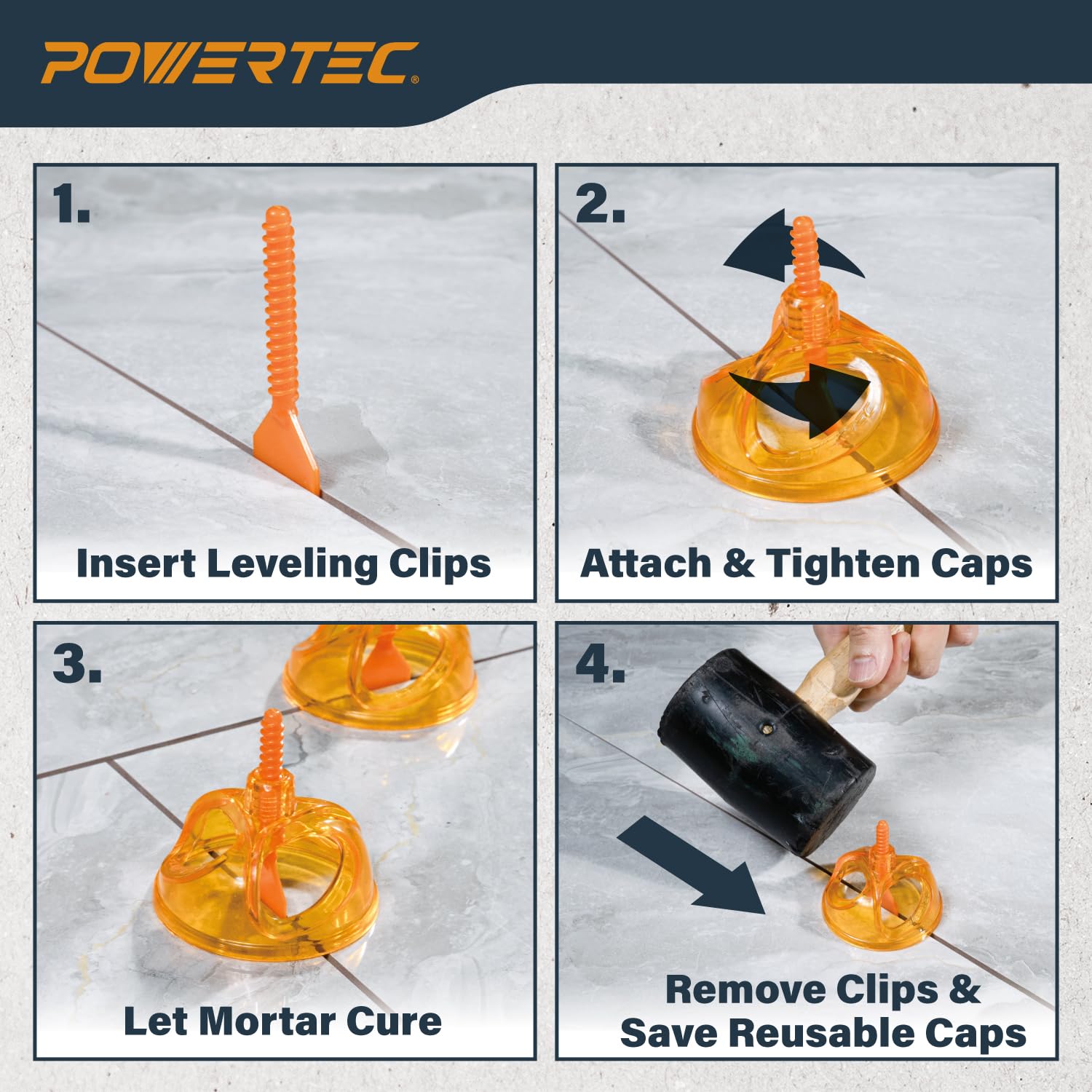 POWERTEC Sistema de nivelación de azulejos con clips espaciadores roscados de 1/16 pulgadas, correa de base plana para espaciar y nivelar azulejos, 100 piezas (72107)