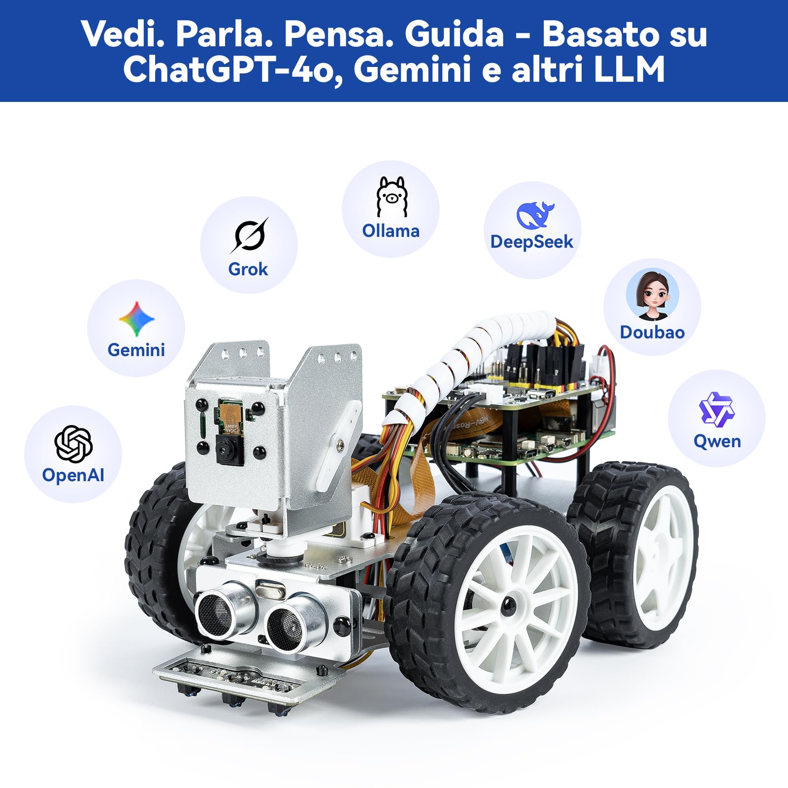 SunFounder PiCar-X Kit auto robot IA per Raspberry Pi 5/4/3B+/Zero 2W, Openclaw LLM ChatGPT/Gemini/Grok, riconoscimento vocale e video, Python, Scratch, fotocamera (Raspberry Pi non incluso)
