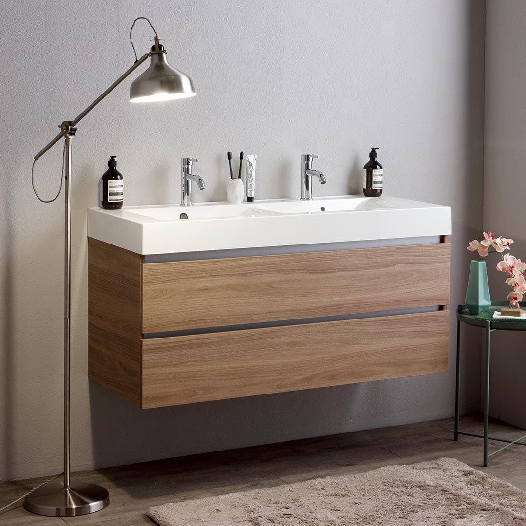 Kiamami Valentina - Mueble de baño suspendido de 120cm con cajones de Roble Natural Soft Close y Doble Lavabo | Valentina